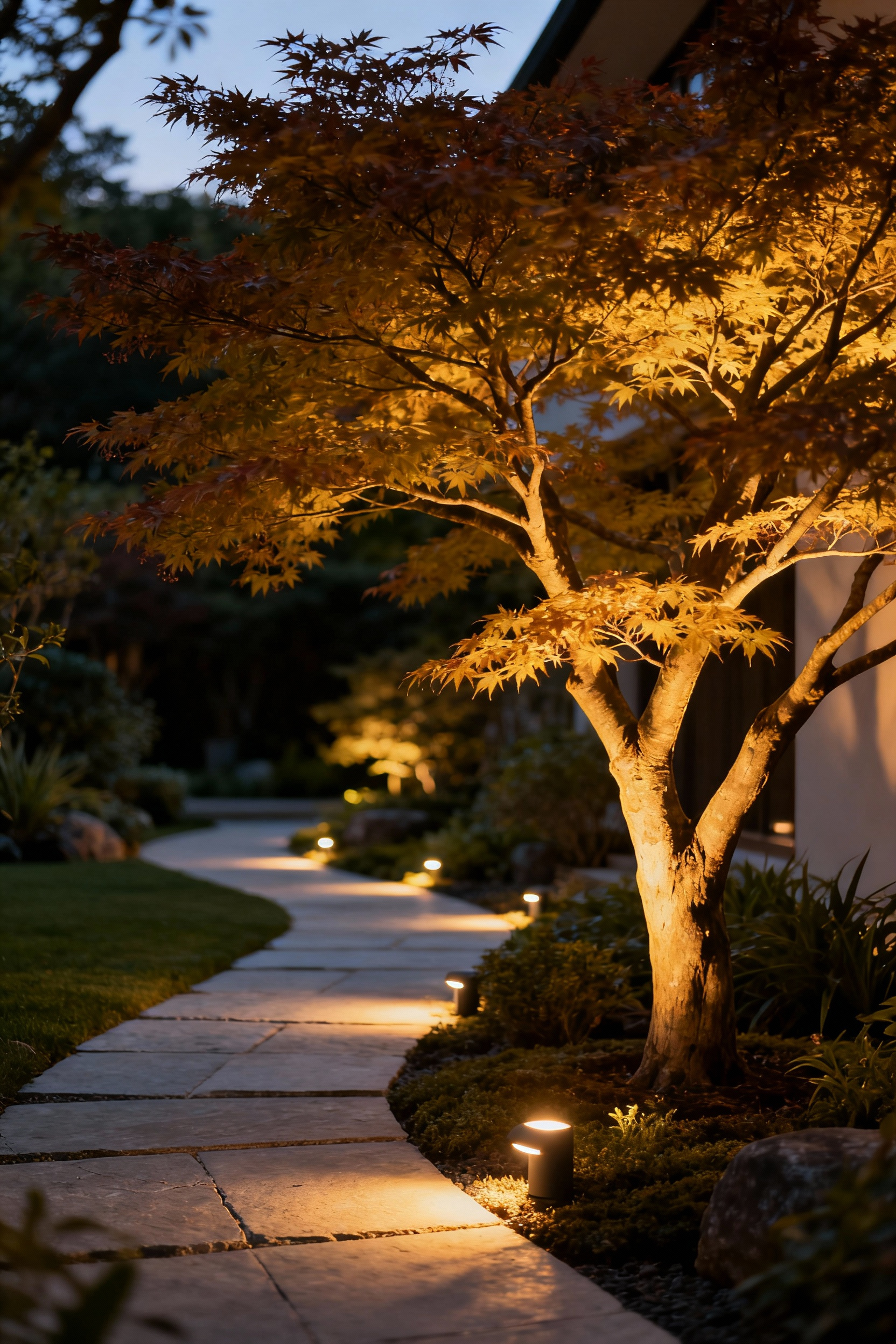 Sophisticated backyard with low-voltage landscape lighting highlighting a mature Japanese maple tree and flagstone pathways at dusk, creating a warm, inviting ambiance.