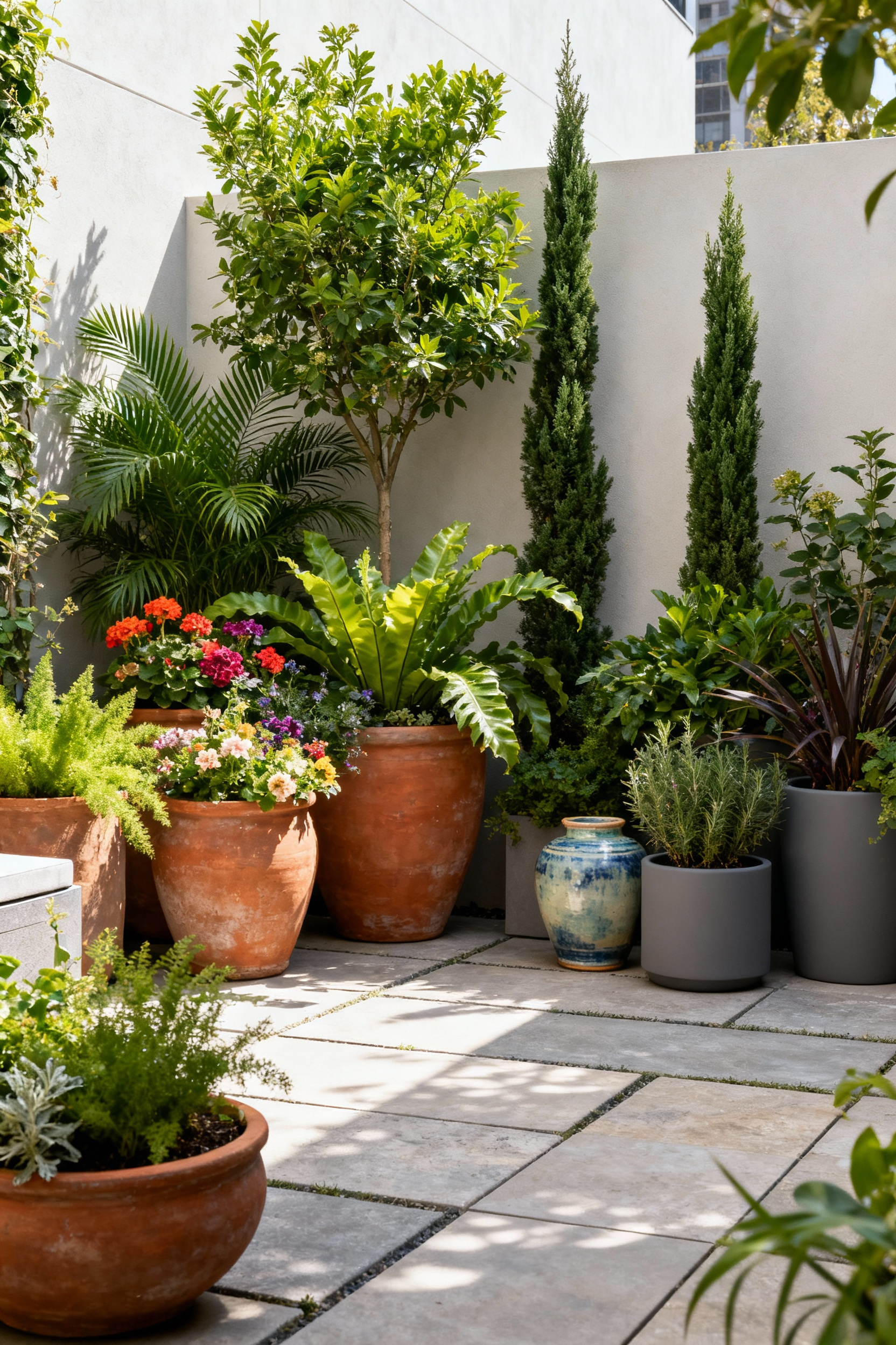 A beautifully arranged collection of potted greenery on an outdoor patio, showing various sizes, types, and colors of plants in diverse containers, enhancing a modern backyard setting.