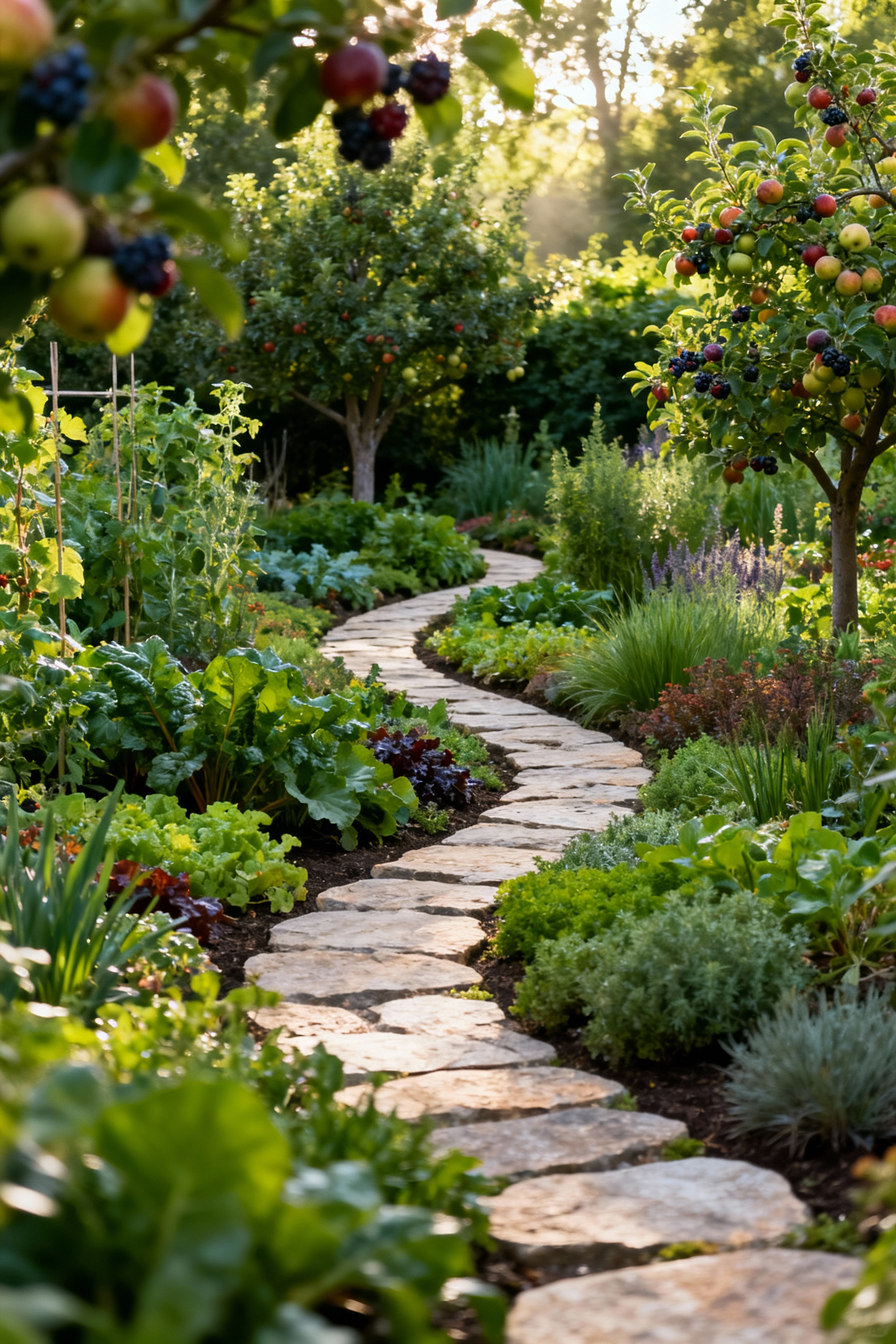 Lush edible landscape garden design featuring a diverse array of food plants, vibrant flowers, and winding paths, showing high aesthetic value and thriving biodiversity.