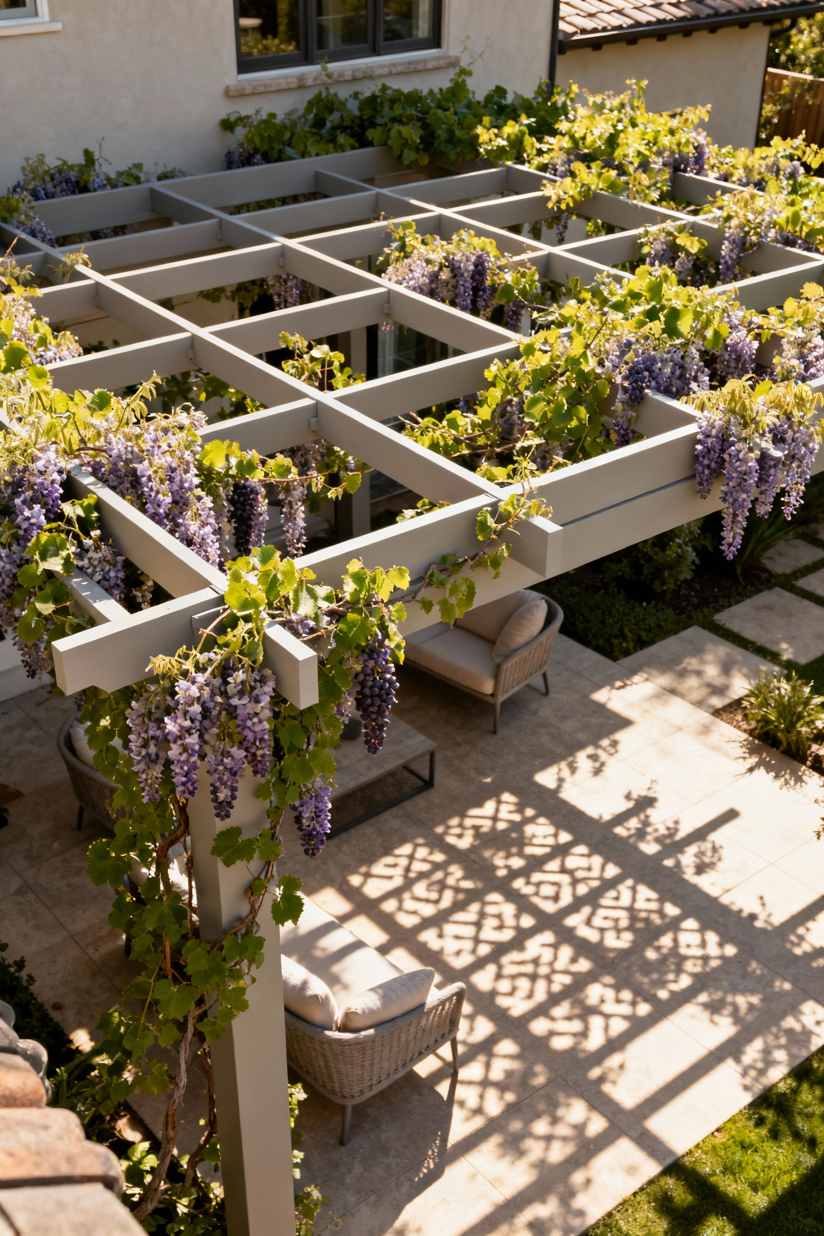 Elegant wooden pergola with climbing wisteria providing dappled shade over an outdoor seating area, transforming a backyard into a sophisticated outdoor room.