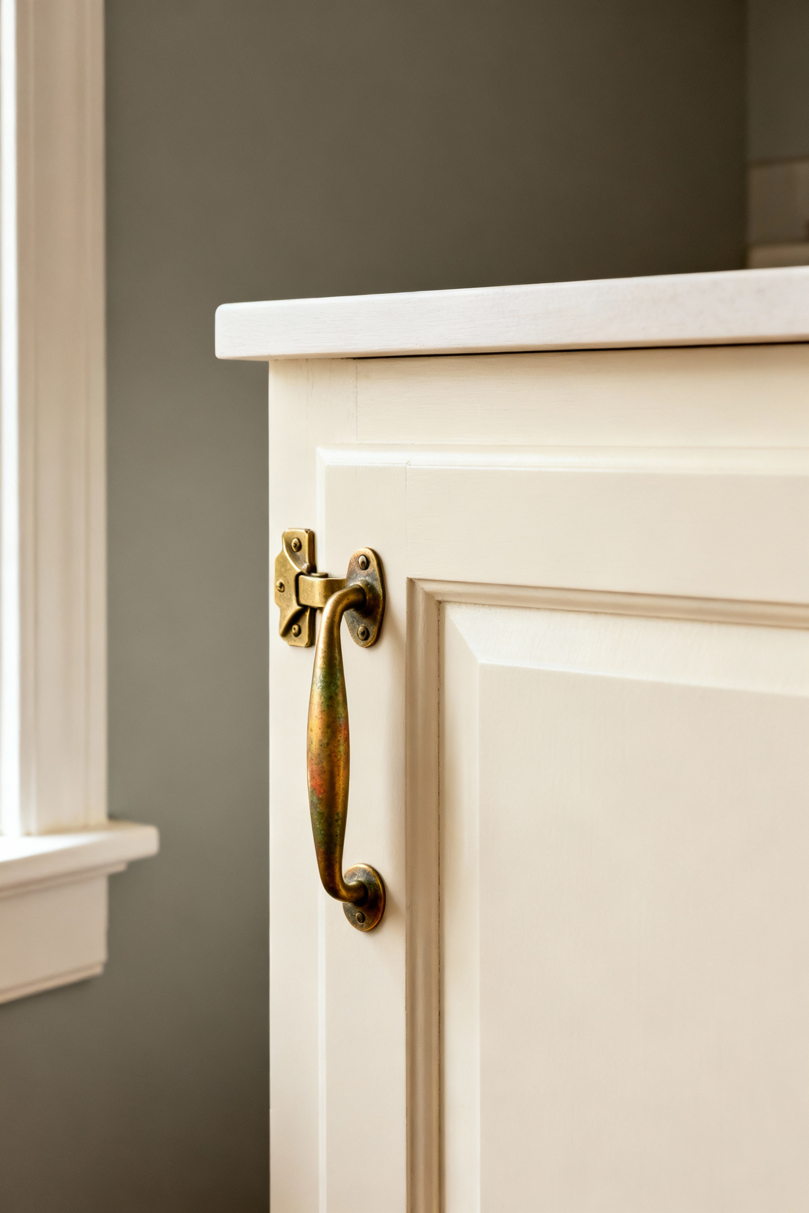 Close-up of a creamy white farmhouse kitchen cabinet door with a high-quality, patinated unlacquered brass bin pull and a matching surface-mounted hinge, showcasing authentic period hardware details.