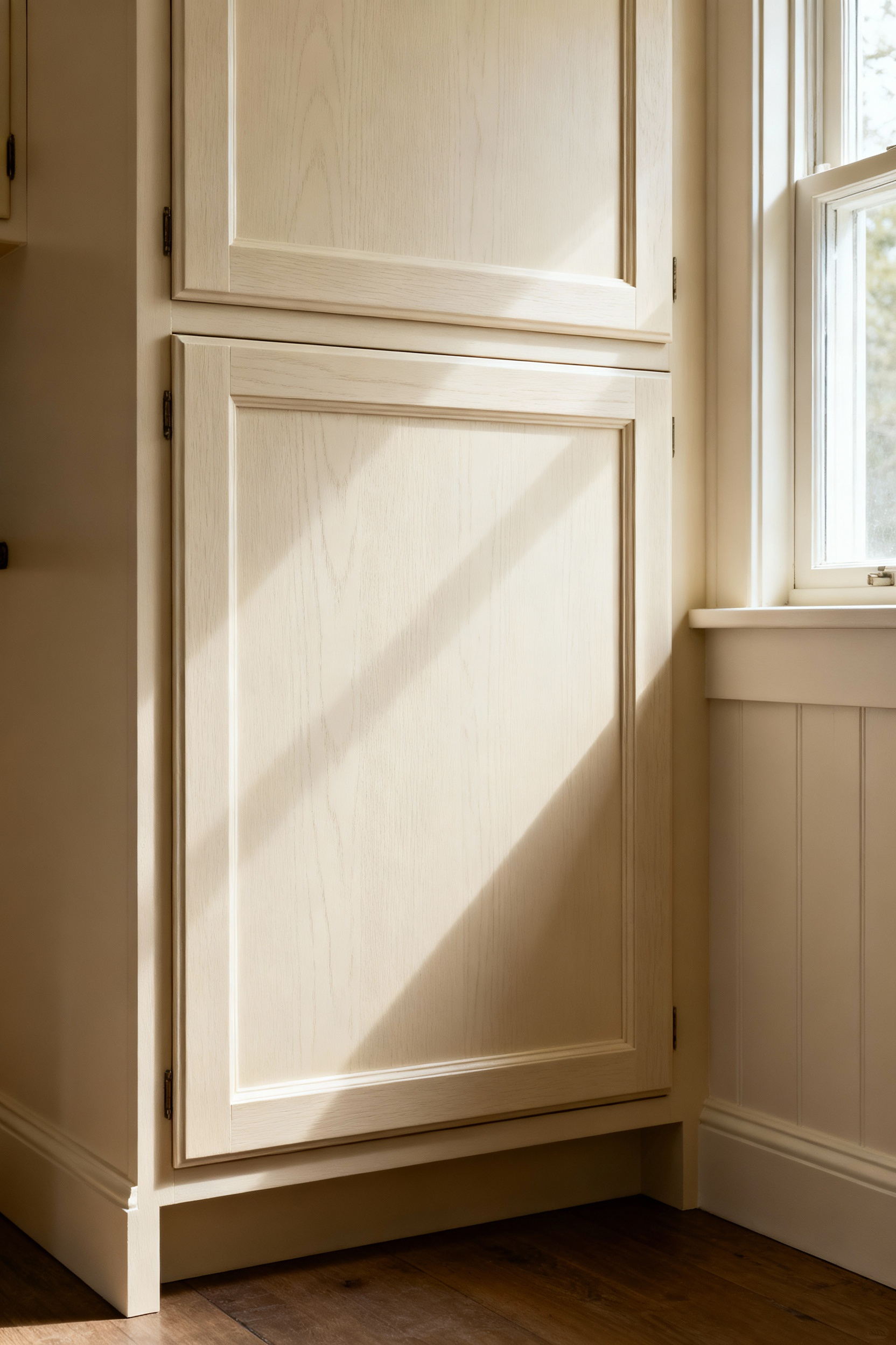 Close-up of a meticulously crafted farmhouse kitchen cabinet door, showcasing visible mortise-and-tenon joinery and dense, quarter-sawn white oak wood. The cabinet door is painted in a muted, durable, traditional finish, emphasizing robust construction for long-term resilience. Soft, warm natural light highlights the wood grain and sturdy craftsmanship.
