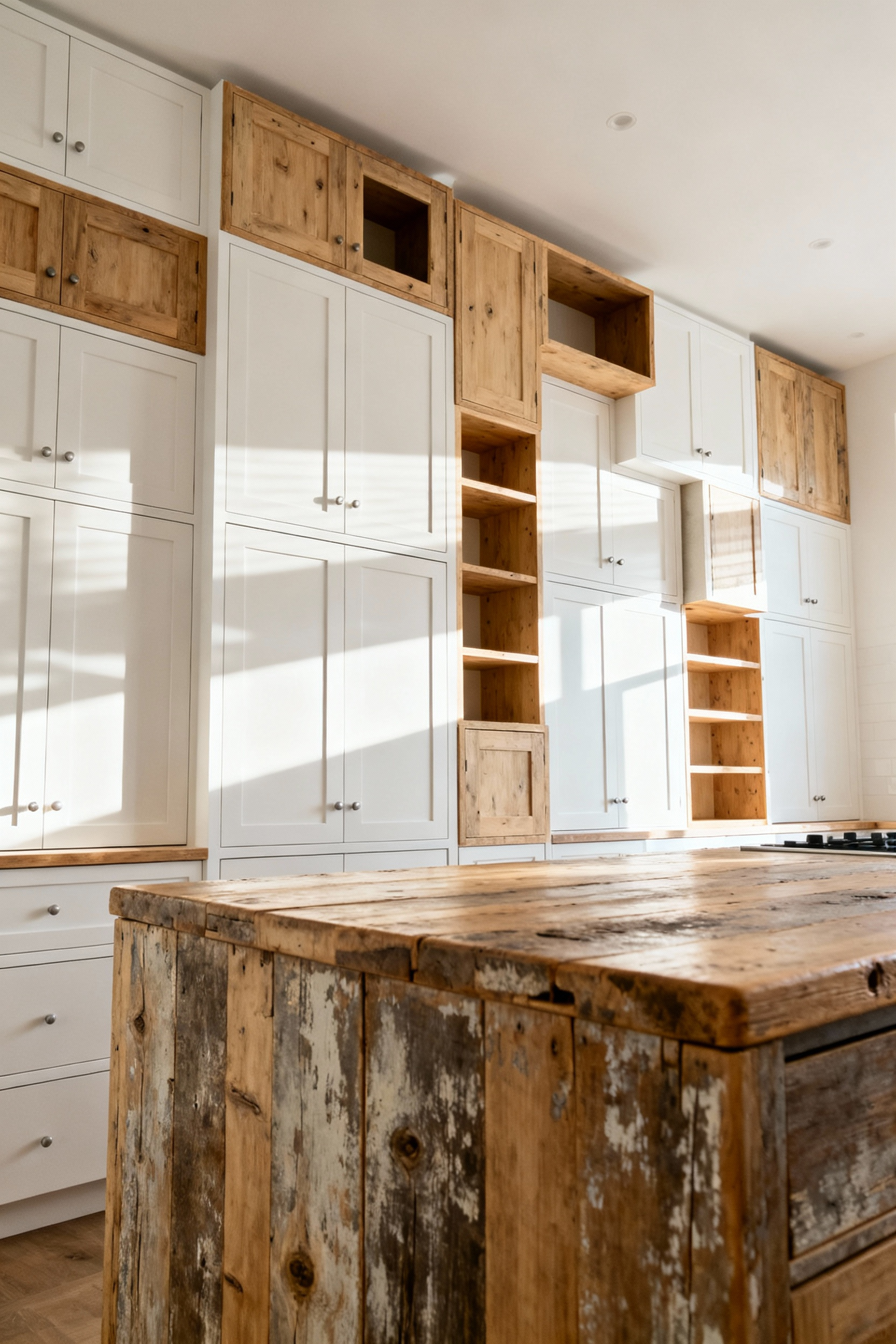 Portrait view of farmhouse kitchen cabinets with stacked and staggered elements, showcasing varying heights and depths in white and natural wood. Emphasizes verticality and visual interest, inspired by historic design.