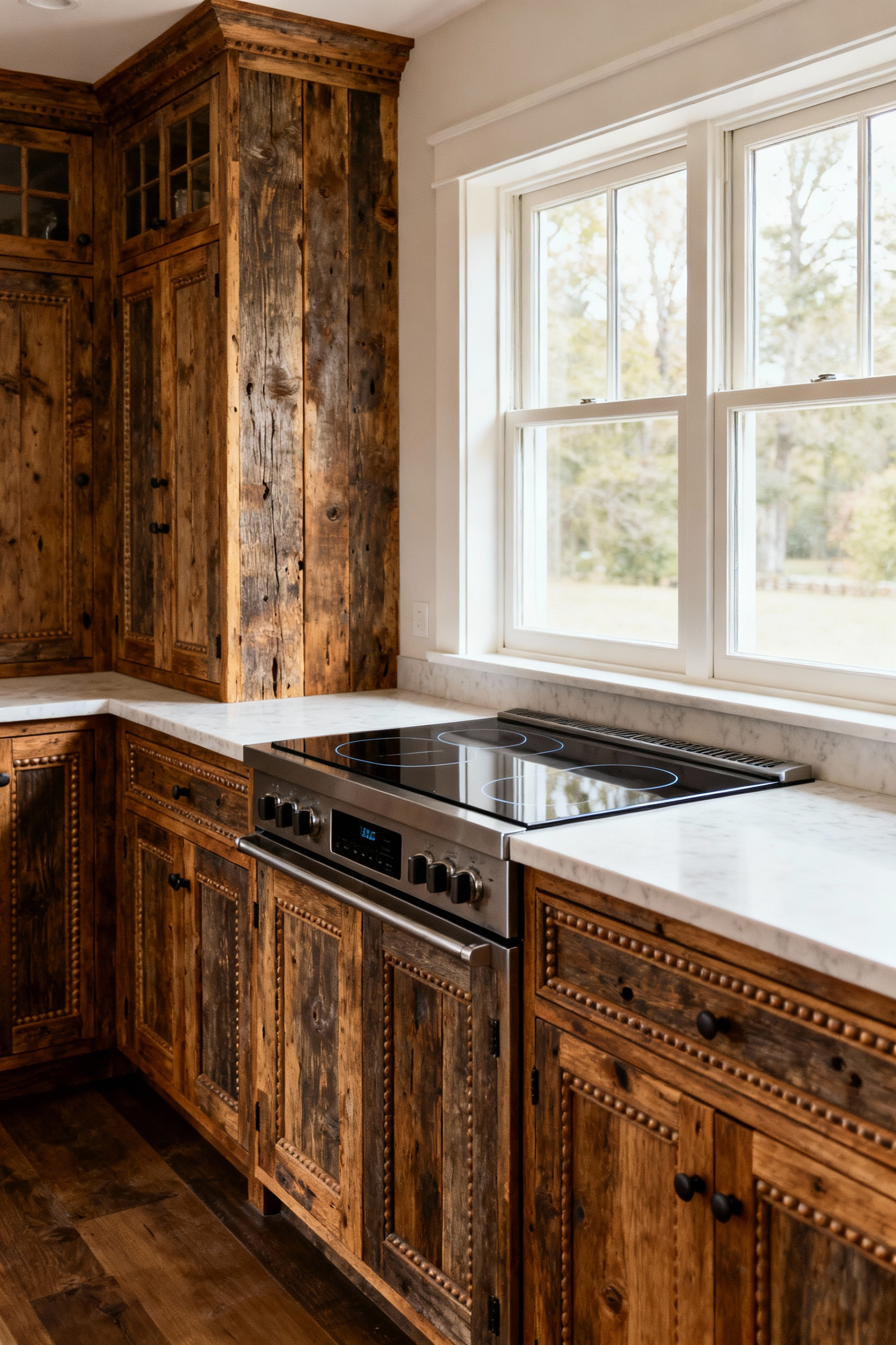 A modern farmhouse kitchen featuring custom, beaded-inset cabinetry made from reclaimed barn wood, with a seamlessly integrated induction range. The design thoughtfully adapts traditional farmhouse aesthetics to modern living.