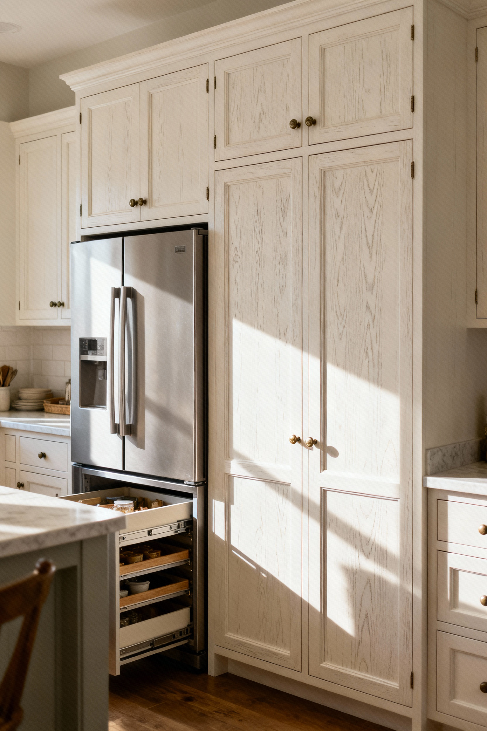 Farmhouse kitchen with integrated storage solutions, showing concealed refrigerator panels and a hidden pull-out pantry in light white oak cabinetry.