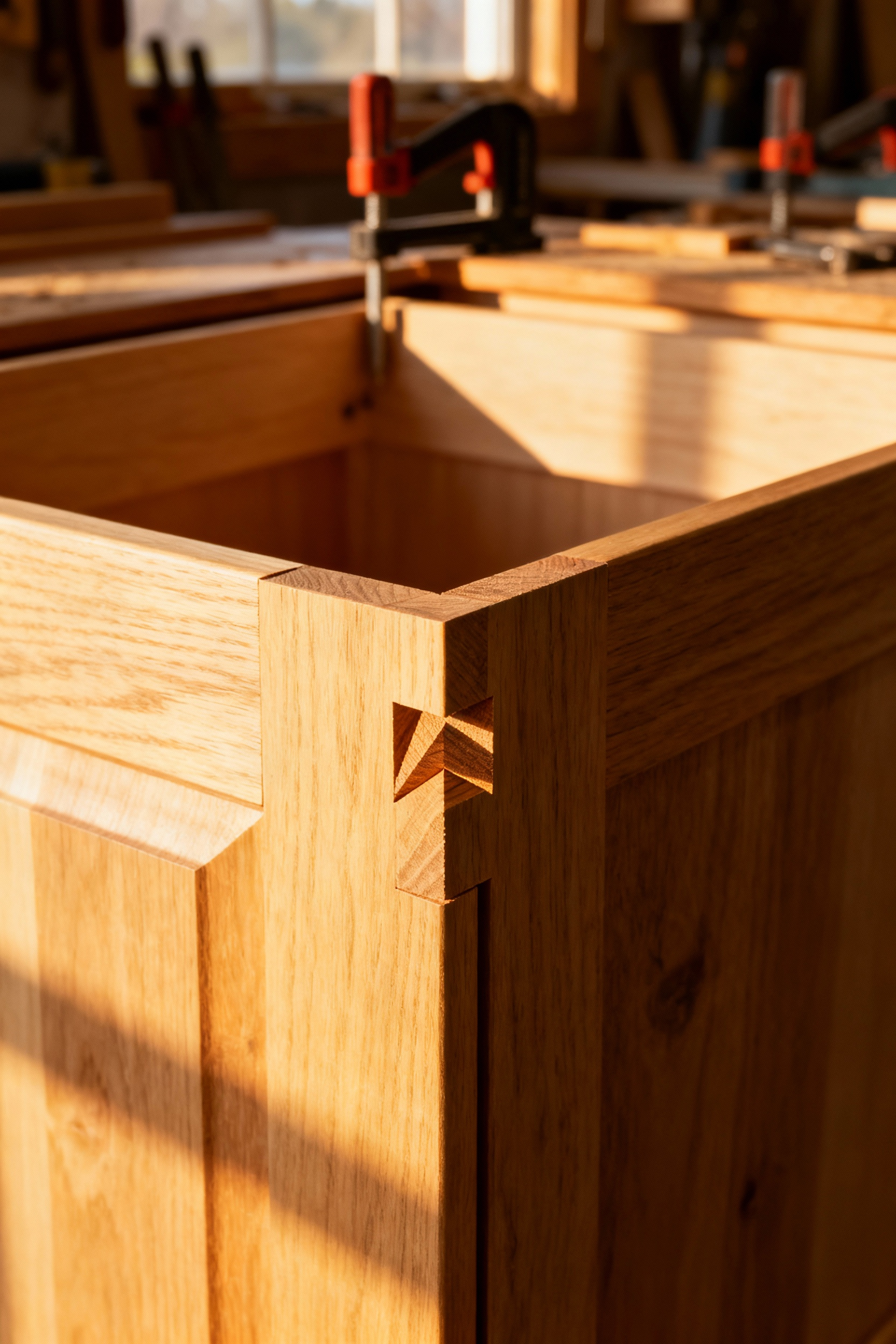 Close-up of precise dovetail joinery in a solid wood farmhouse kitchen cabinet drawer, showcasing traditional craftsmanship and strength.
