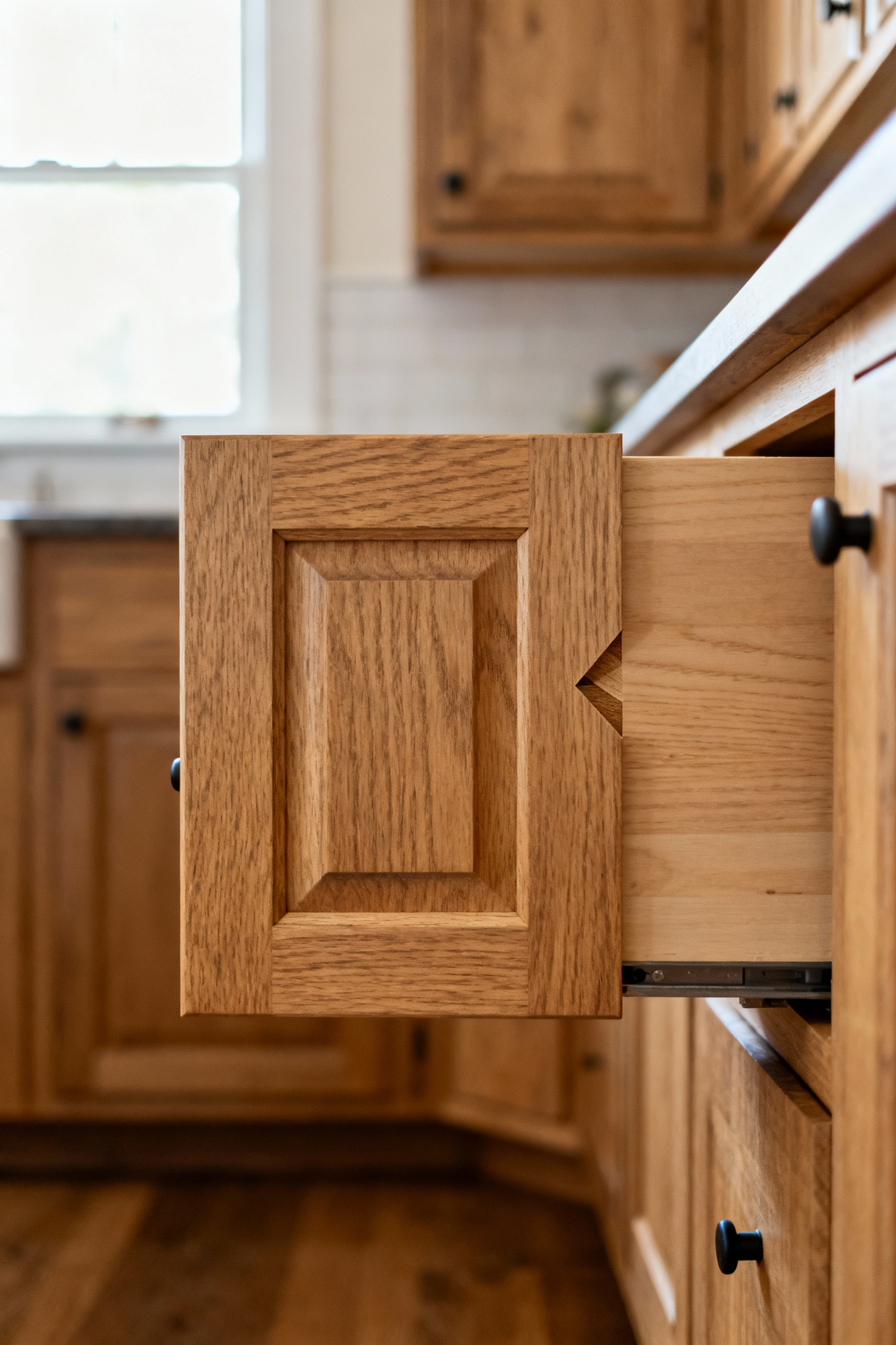 Close-up of a meticulously crafted farmhouse kitchen cabinet with visible hand-cut dovetail joinery, illustrating authentic craftsmanship and quality.