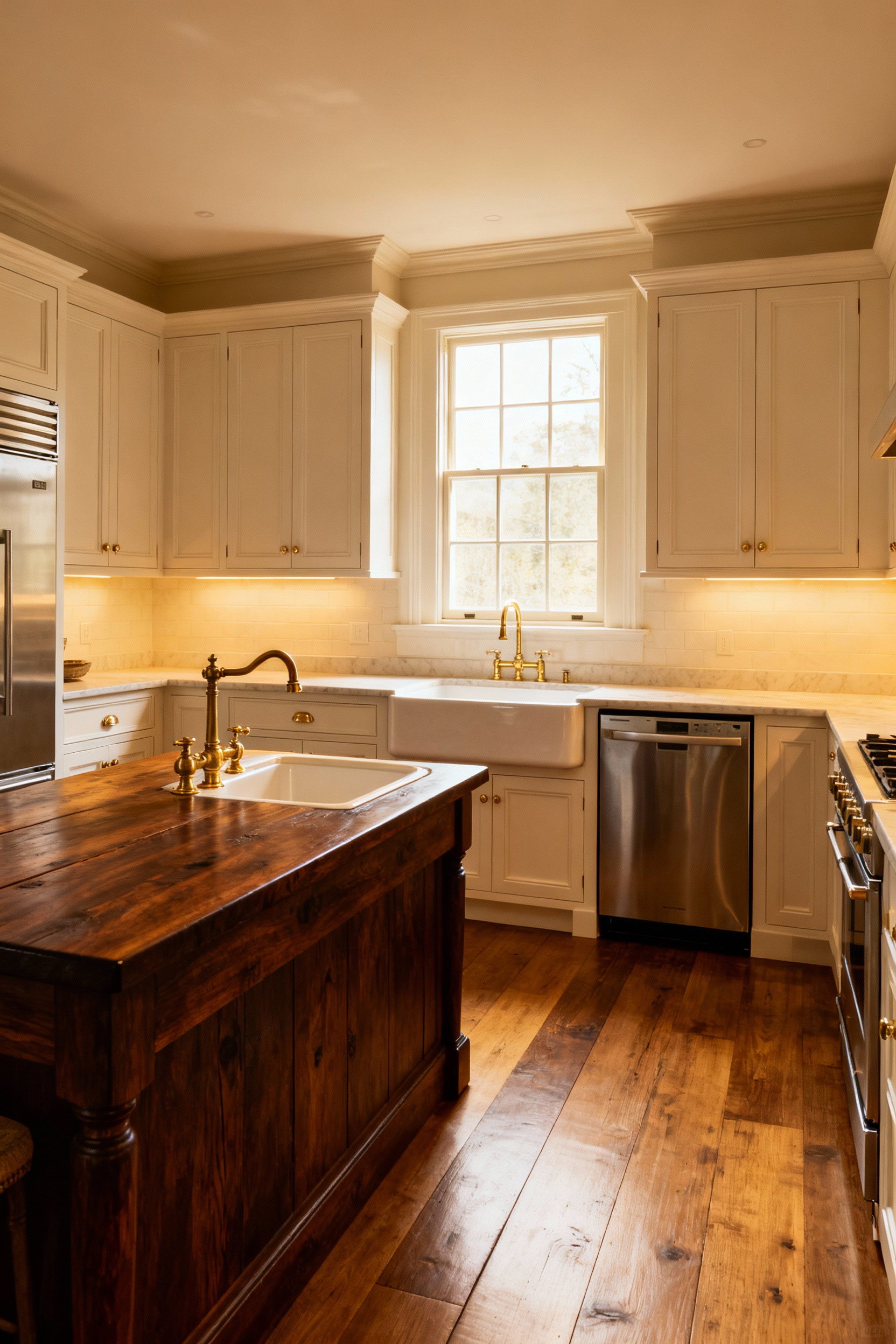 A sophisticated L-shaped farmhouse kitchen layout featuring elegant off-white inset cabinetry, a large dark wood island with a prep sink, concealed modern appliances, and a prominent farmhouse sink under a large window, all designed for efficiency and grandeur.