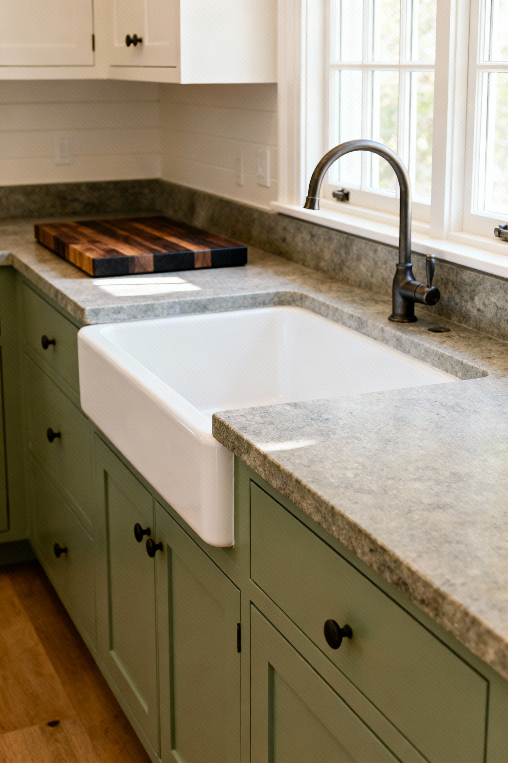 A farmhouse kitchen with sage green cabinets, honed soapstone countertops, an integrated fireclay sink, and a black walnut butcher block, showcasing harmonious material selection.