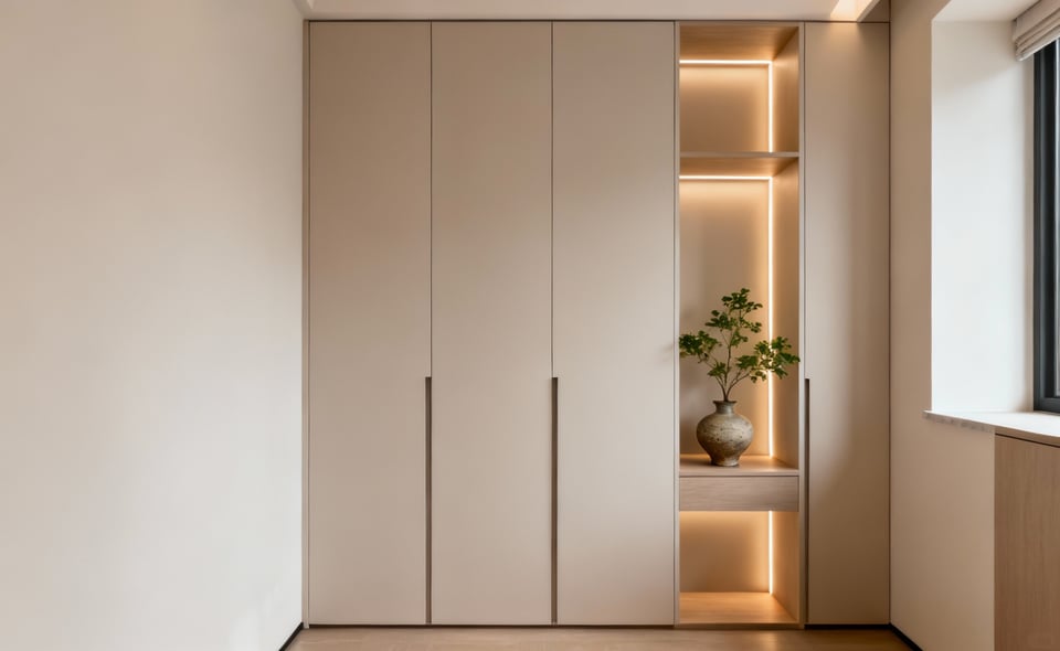 Modern floor-to-ceiling smart storage tower in a small, organized bedroom with integrated lighting and minimalist decor.