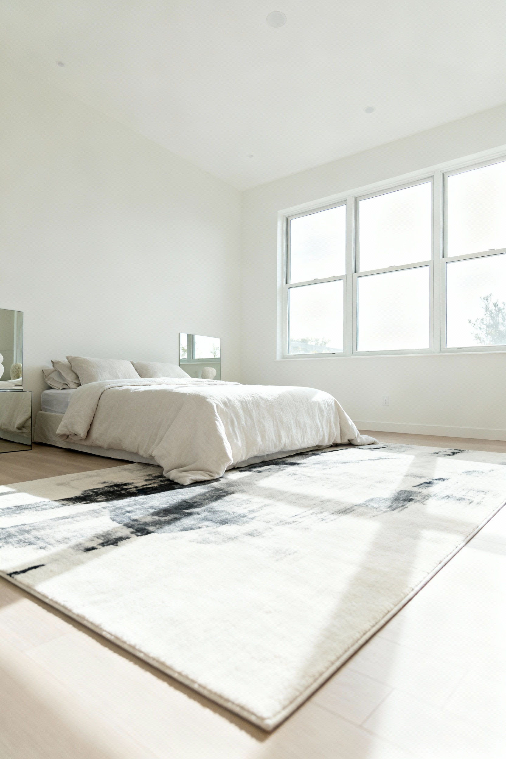 Small bedroom with walls painted in luminous off-white, reflecting natural light from large windows, creating an expansive and serene atmosphere.