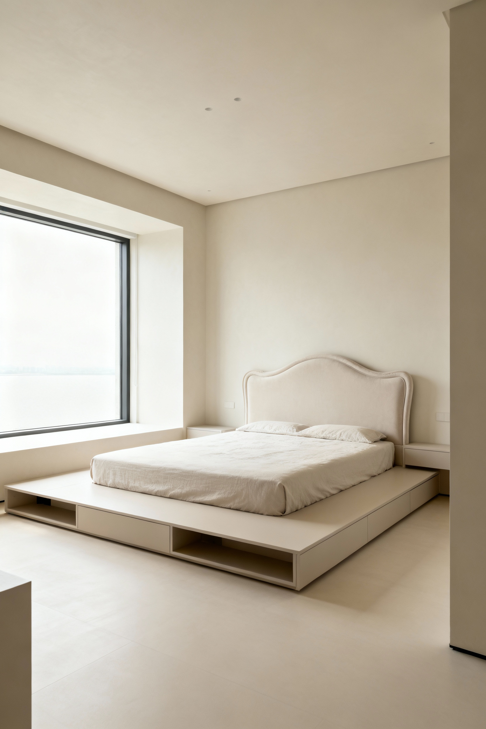 Modern small bedroom with a strategically placed platform bed against a solid wall, demonstrating optimal bed placement for clear pathways, maximum room flow, and abundant natural light.