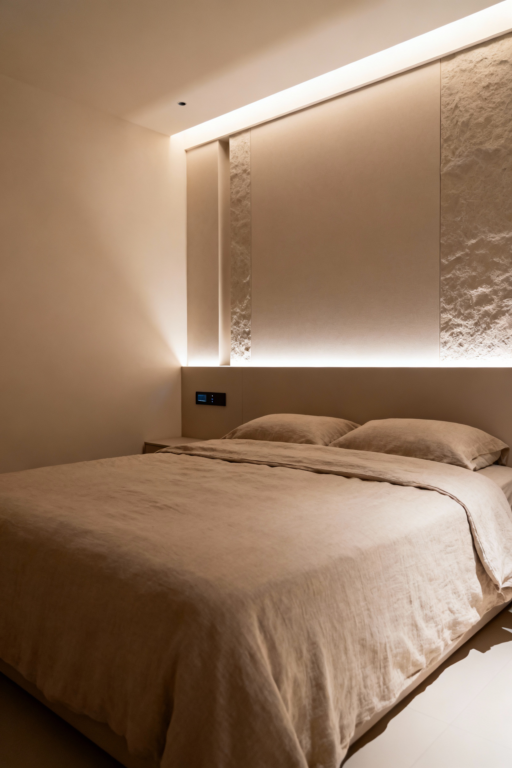 Small bedroom interior with hidden smart lighting, a serene bed, and a minimalist design, emphasizing discreet technology.