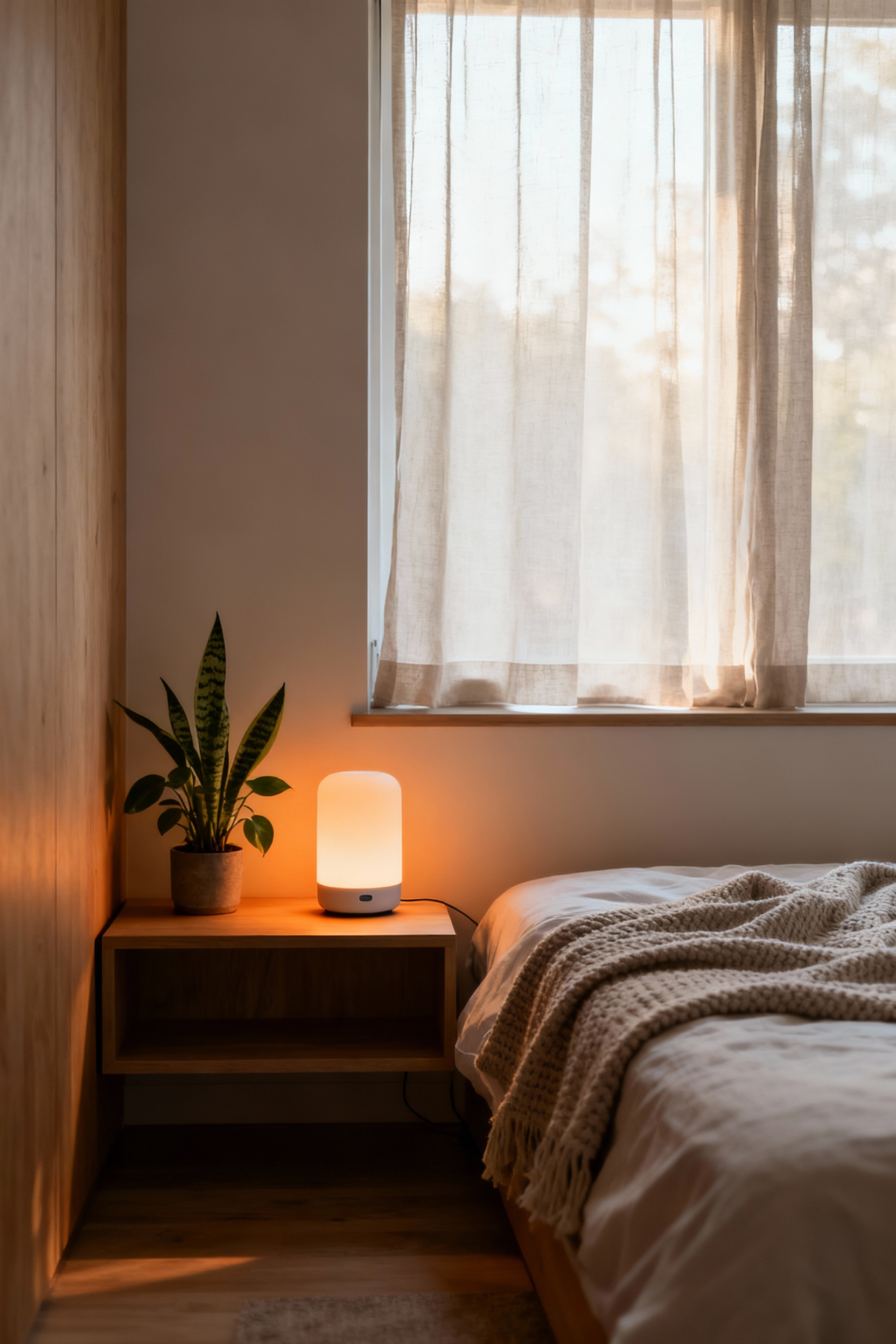 A beautifully designed small bedroom optimized for circadian rhythm alignment, featuring a comfortable bed bathed in gentle morning light, a smart warm-toned bedside lamp, and a minimalist aesthetic with a plant, all contributing to an optimal sleep sanctuary.