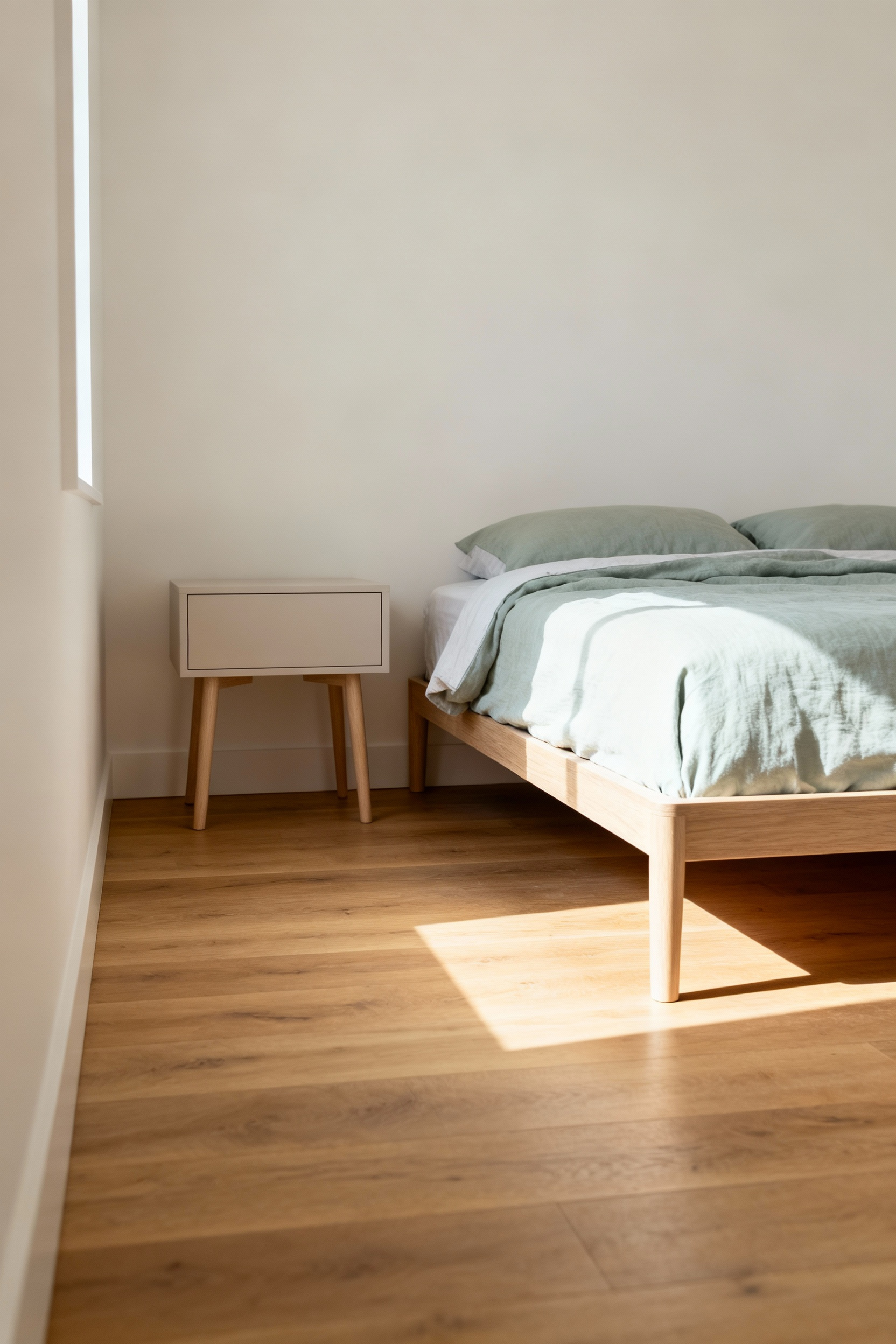 A minimalist small bedroom featuring a bed with elevated, slender wooden legs, showcasing visible floor space beneath it, making the room appear more open and spacious.