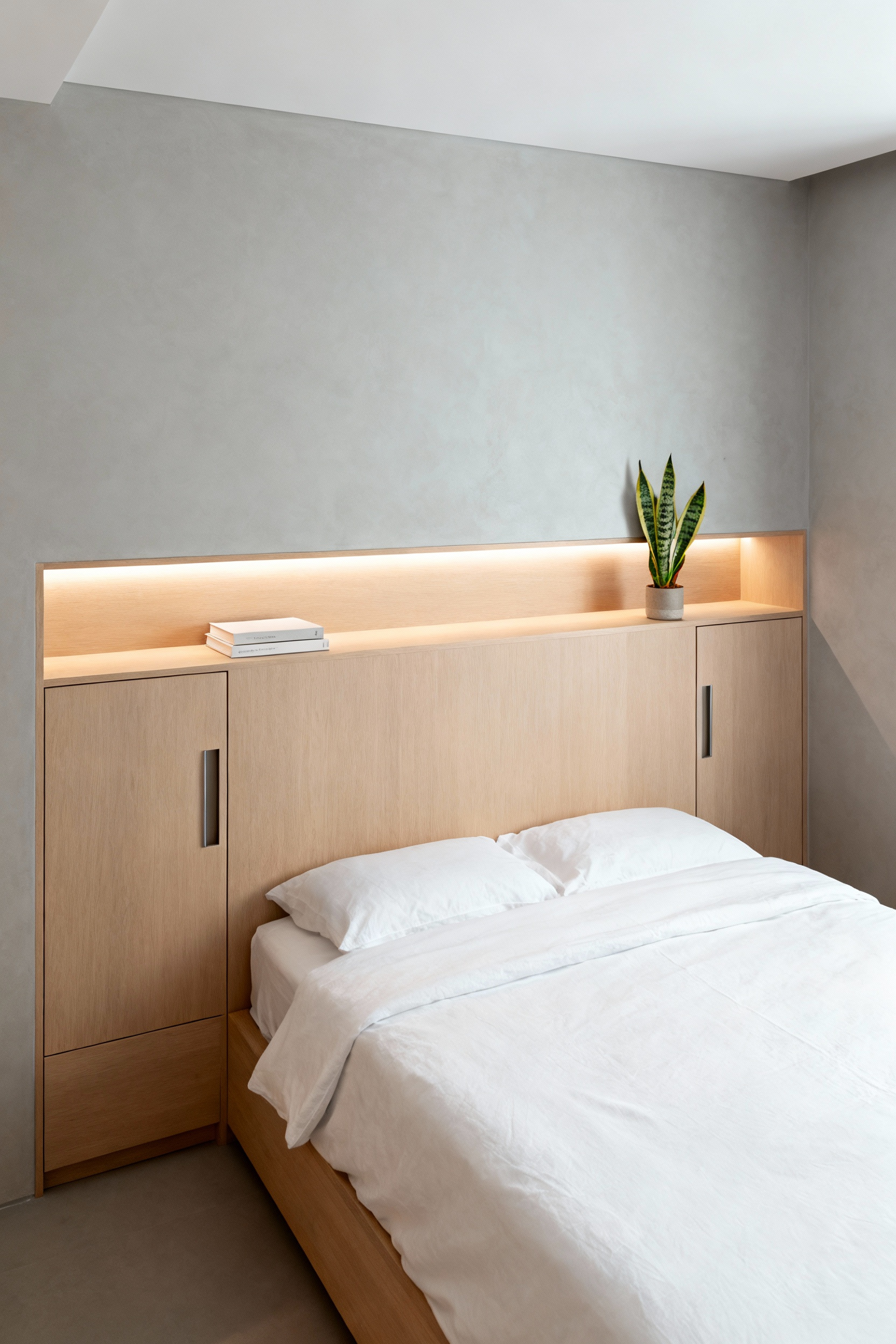 A bespoke light oak headboard with integrated storage, including hidden cabinets and a recessed shelf with books and a snake plant, maximizing space in a minimalist small bedroom with natural light and white linen.