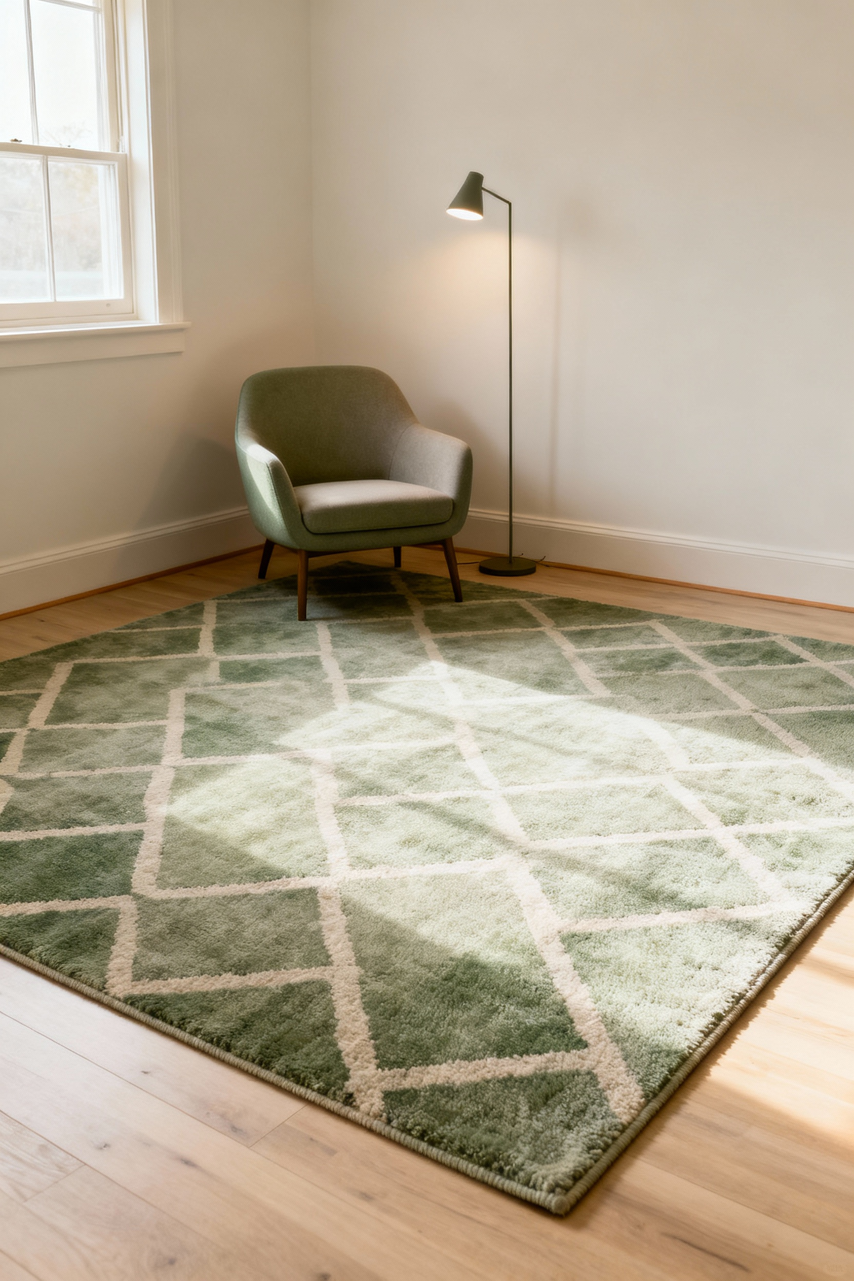 A serene small bedroom scene featuring a large area rug used to visually delineate a cozy reading nook with a modern armchair and floor lamp on light hardwood flooring, demonstrating effective spatial zoning.