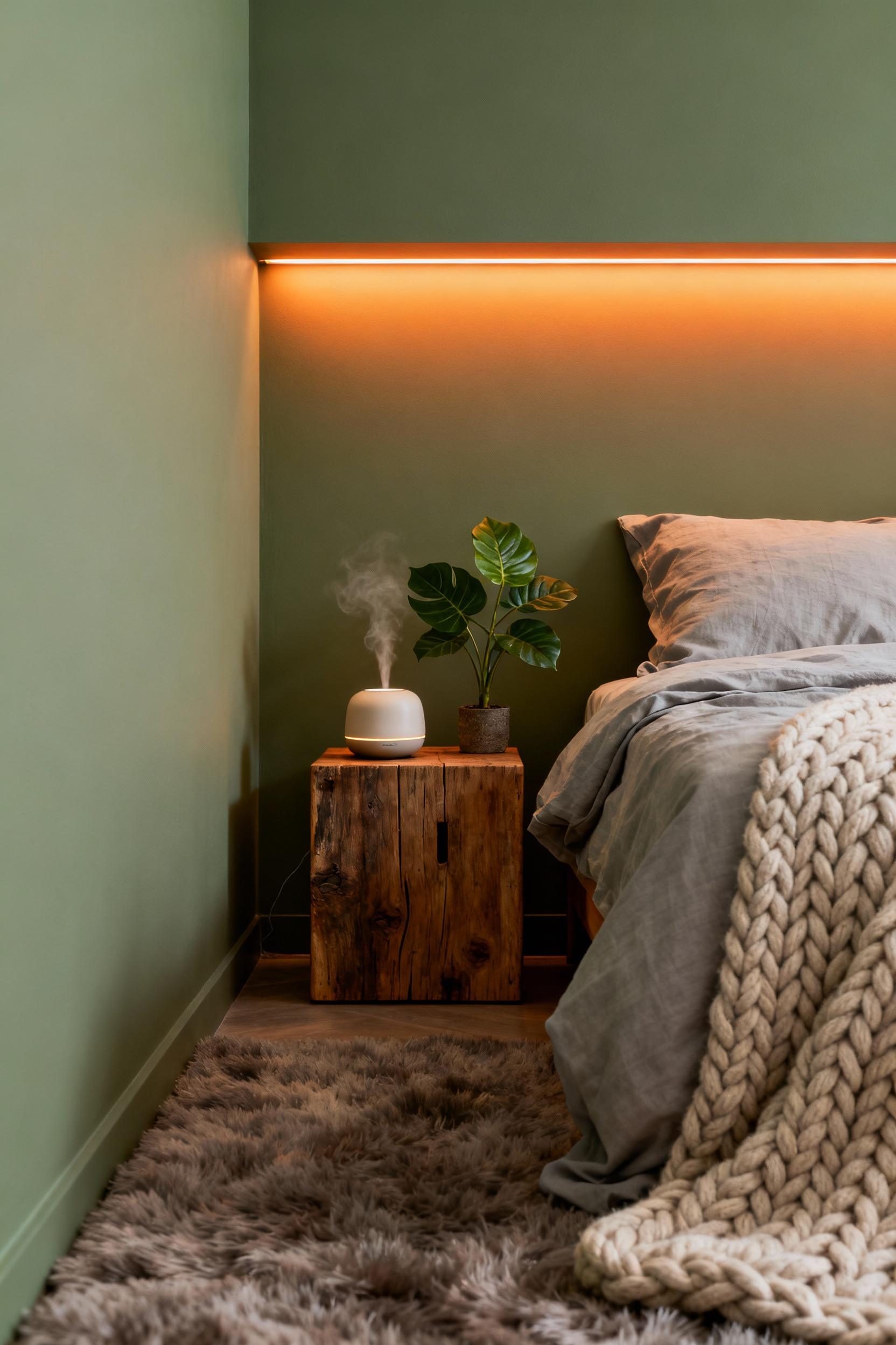 A serene small bedroom corner with warm, diffused lighting, an essential oil diffuser, soft linen bedding, and a vibrant green plant, creating a multi-sensory ambiance for well-being.