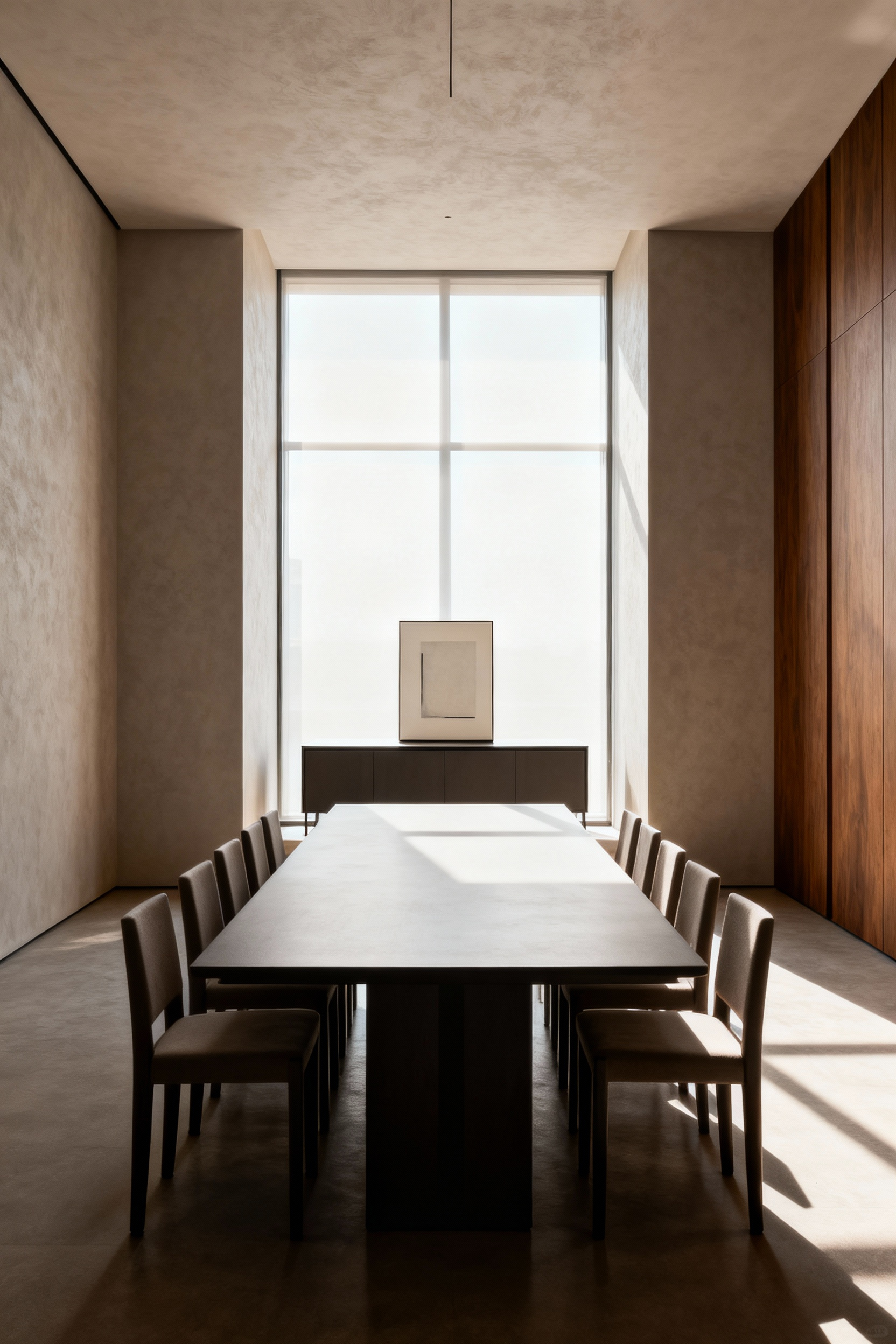 A professionally lit modern dining room showcasing a perfectly axially aligned rectangular dining table, chairs, and a sideboard with minimalist art. The setup creates visual gravitas and enhanced room perspective towards a large window. The room is serene, orderly, and well-balanced, viewed with an eye-level wide-angle shot.