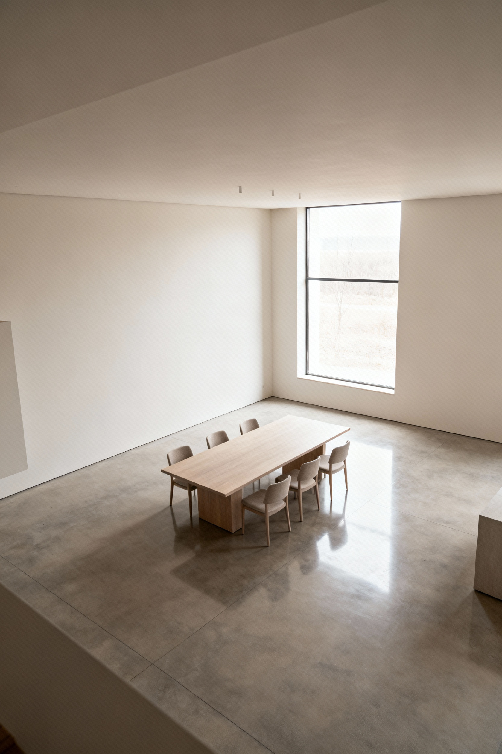 A pristine modern dining room showcasing wide, clear traffic paths around an elegant dining table and chairs, designed for effortless movement and enhanced circulation.