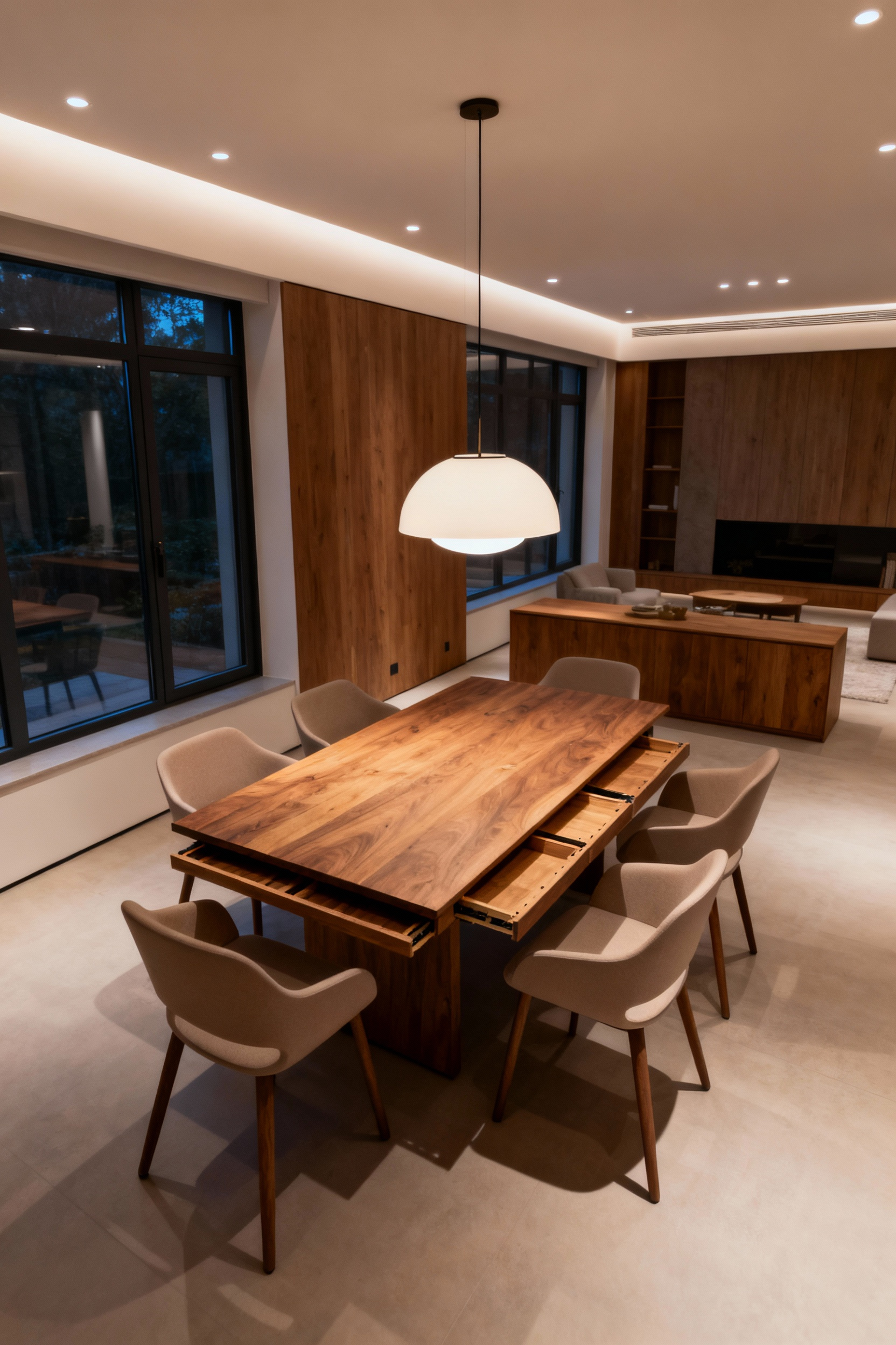 A stylish, adaptable dining room featuring an extendable table and flexible seating, showcasing future-proofed design for evolving family needs and life stages.