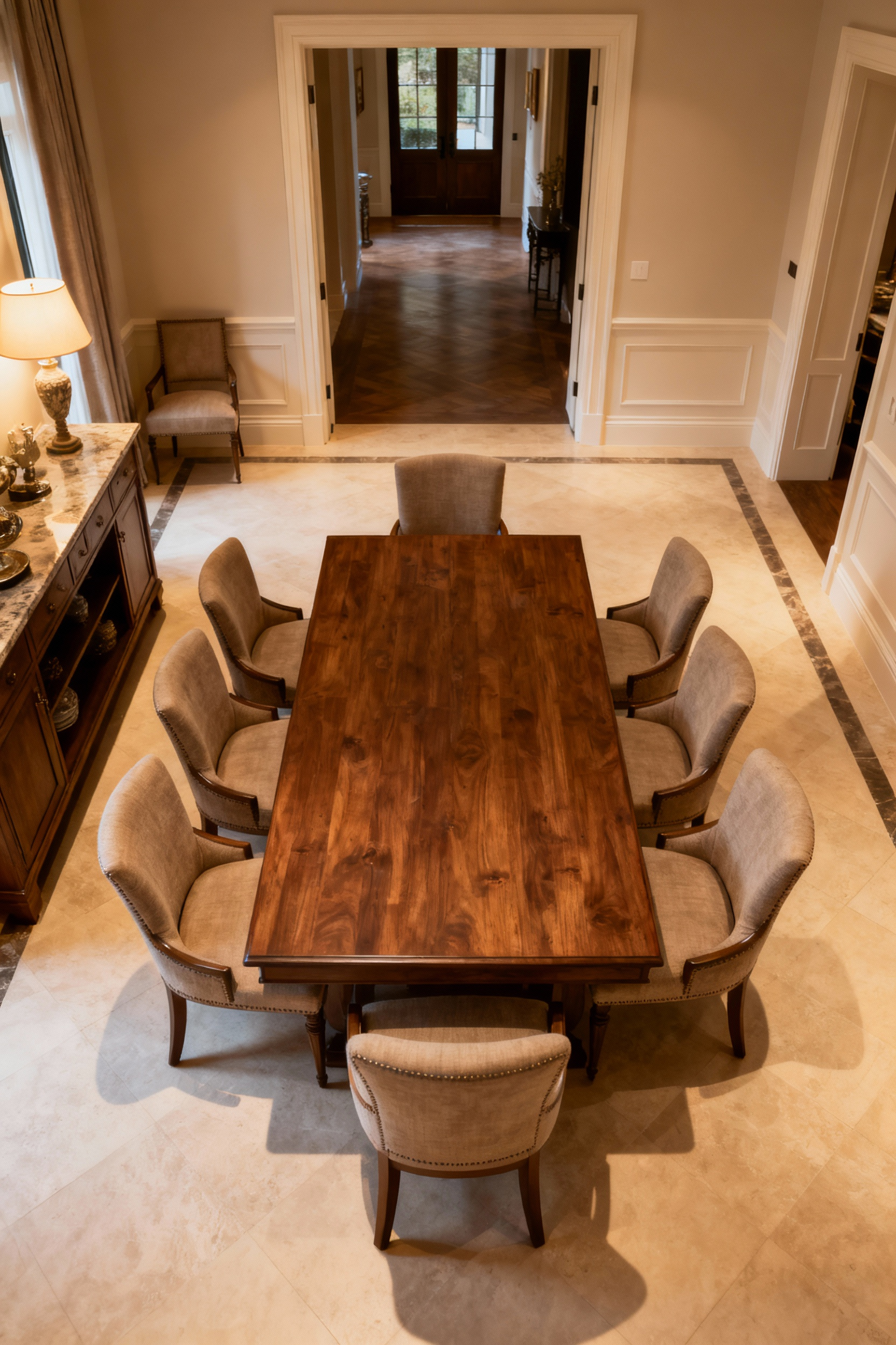Dining room layout showing a cluttered bottleneck area on one side and an open, clear circulation path on the other, demonstrating spatial design before and after rectifying logjams.