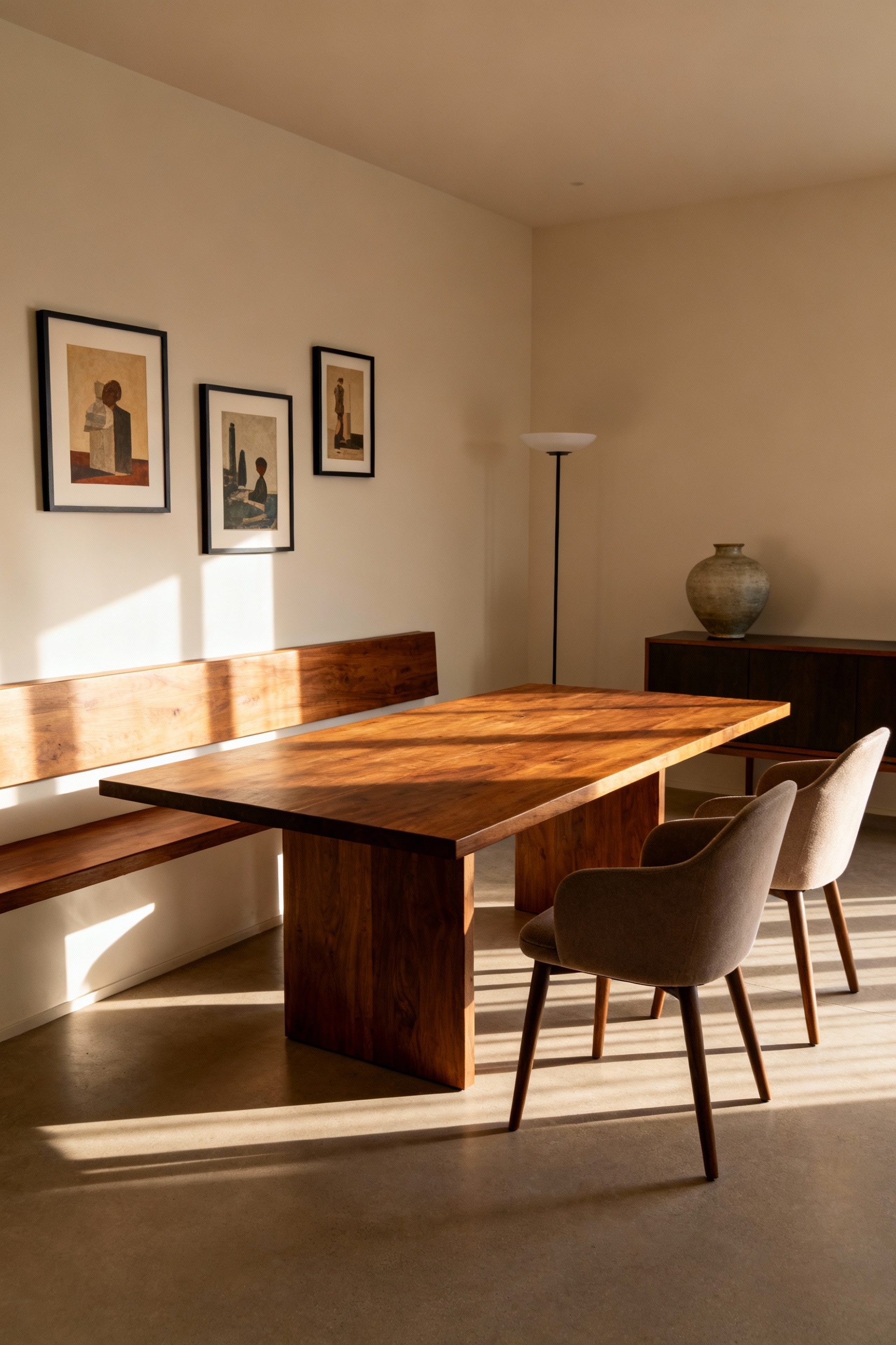 Elegant dining room with asymmetric balance featuring a wooden table, varied seating, and strategically placed art and lighting, demonstrating dynamic visual interest.
