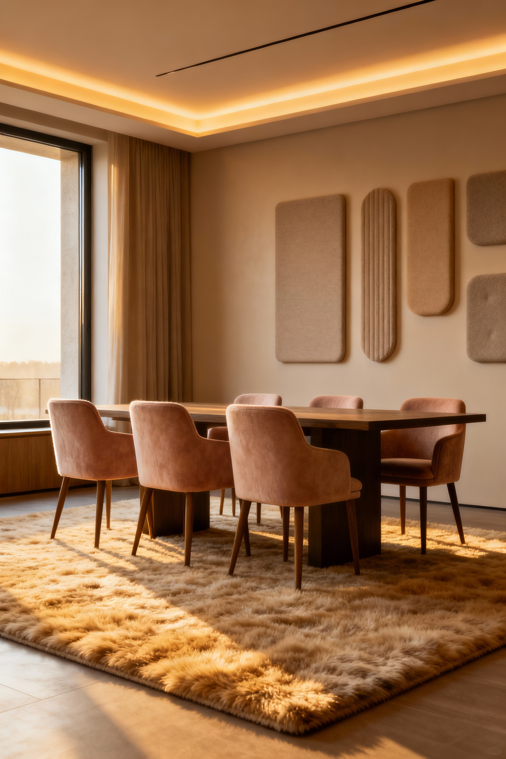 Elegant dining room interior with acoustic wall panels and plush upholstered chairs designed for sound attenuation, featuring soft lighting and a calming atmosphere, promoting serene conversational dynamics.
