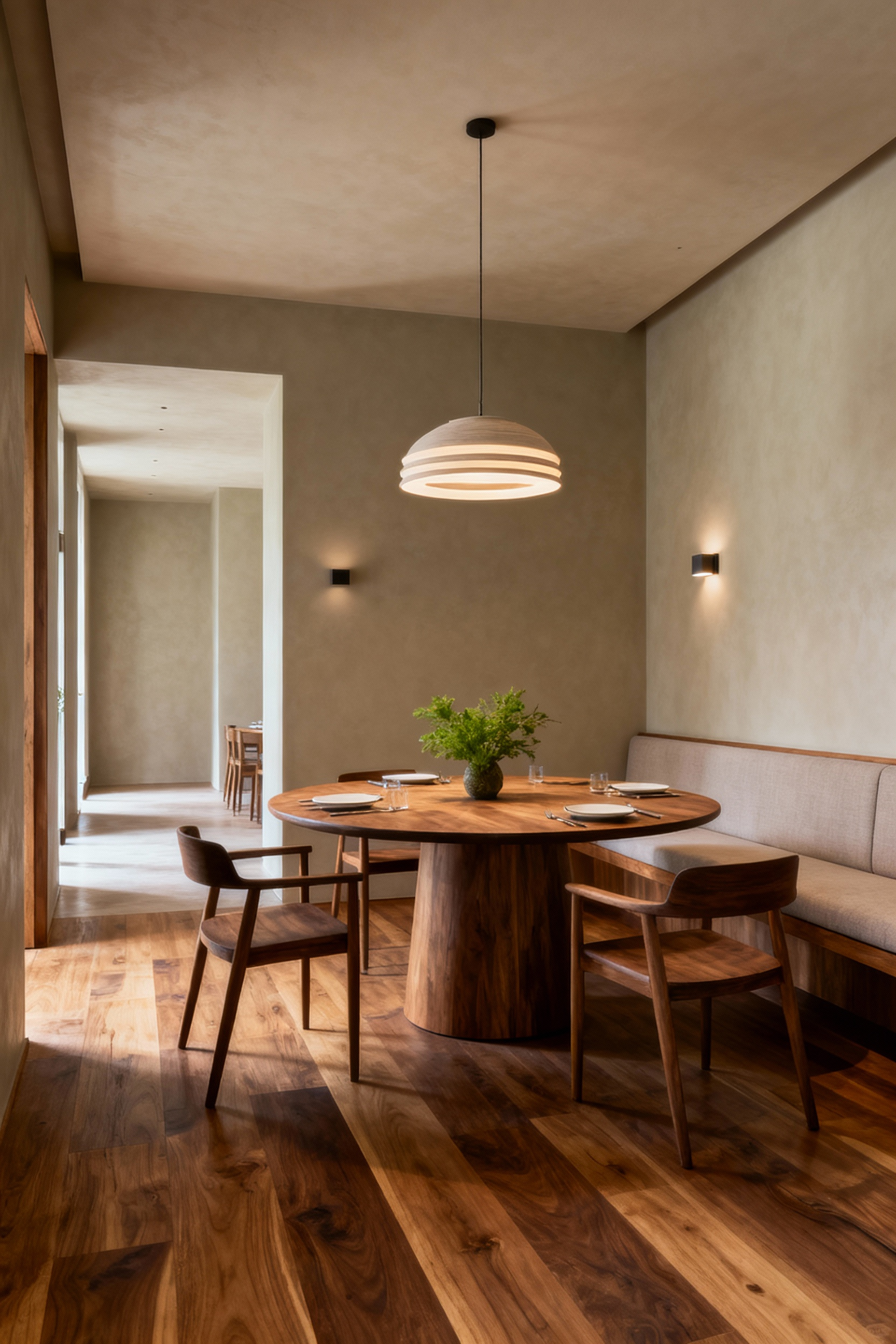 Serene dining room designed for intentionality, featuring a round wooden table, soft lighting, and natural elements, creating a purposeful dining sanctuary.