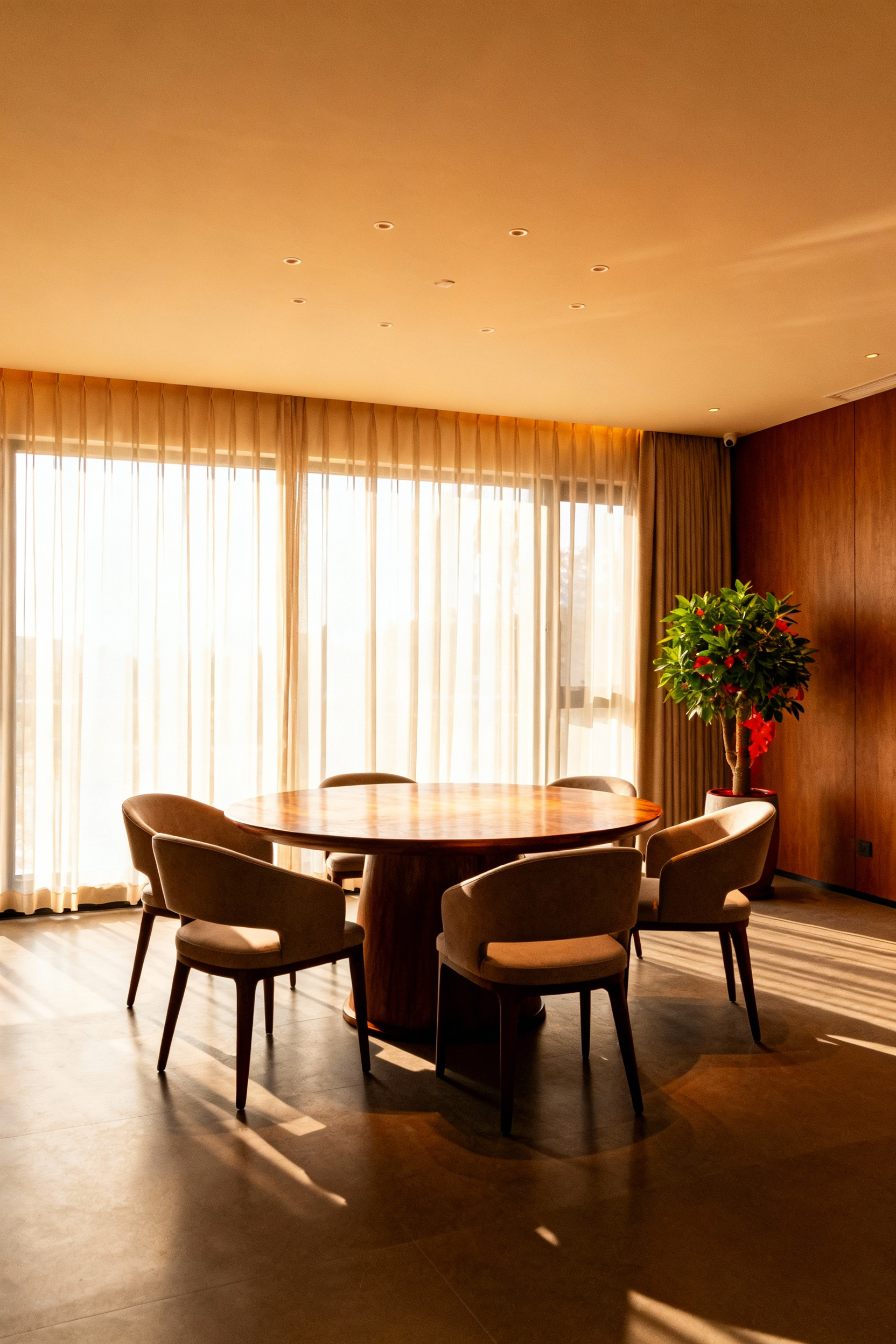 A beautifully arranged dining room showcasing optimal energetic flow, with a round table, clear pathways, natural light, and biophilic elements promoting gastronomic well-being through harmonious design.