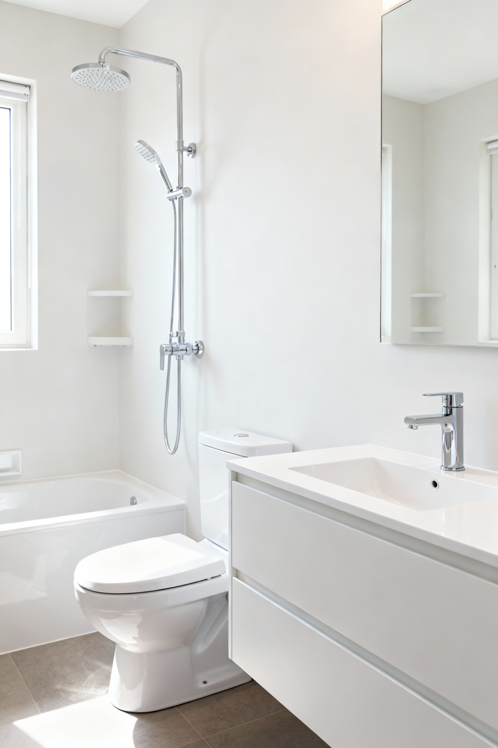 A modern bathroom featuring a water-efficient toilet, a low-flow faucet on a vanity, and a sleek, chrome showerhead, illustrating smart fixture replacements for utility savings.