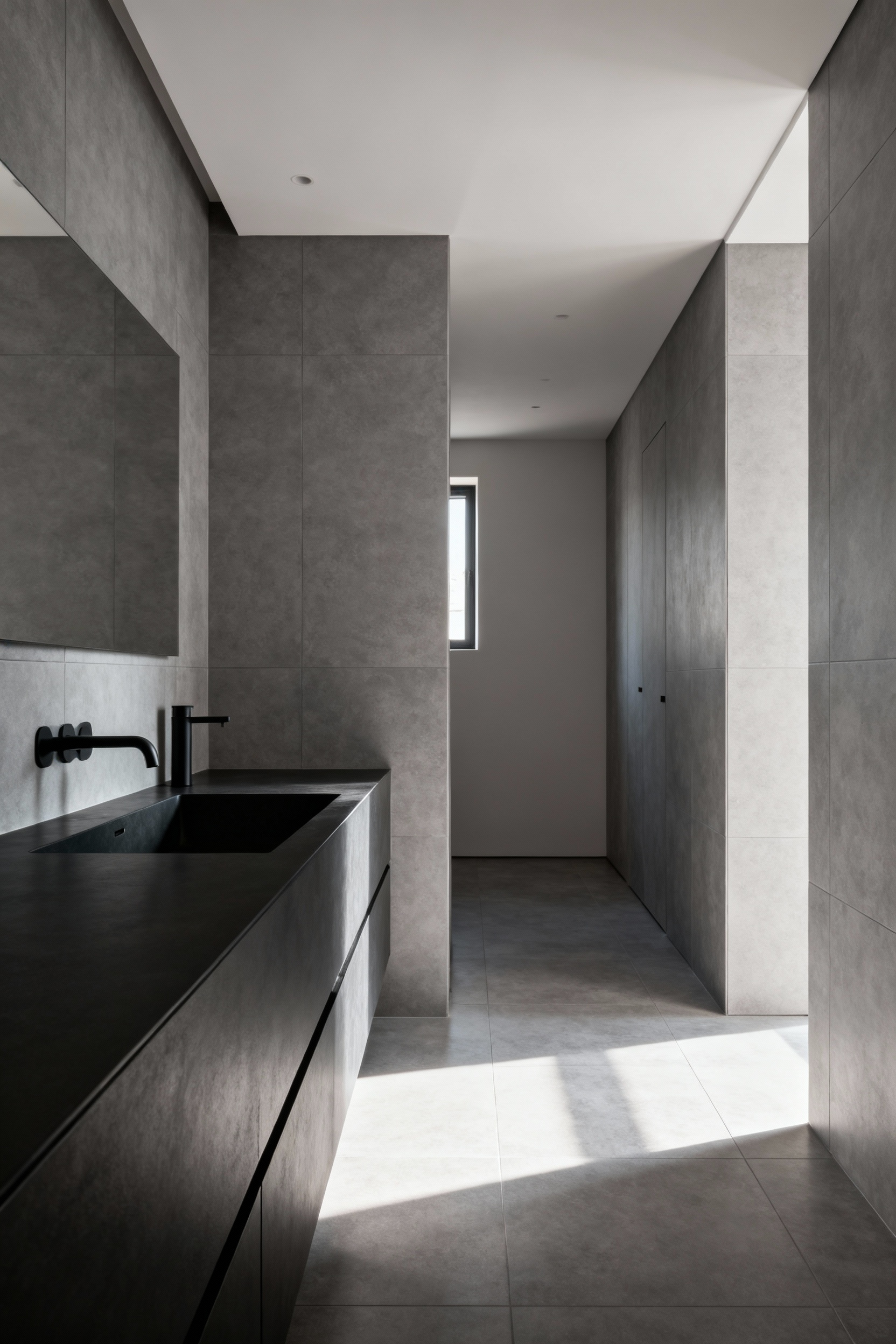 View from a sophisticated, minimalist bathroom into an adjacent hallway, showing consistent neutral gray tones and matte black fixtures for cohesive interior design.