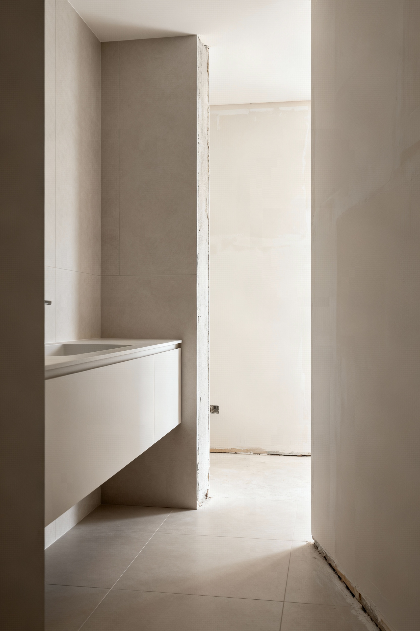 Modern bathroom undergoing a phased renovation, showing high-quality, partially installed finishes like large format tiles and new fixtures, representing fiscal prudence and strategic investment over time.