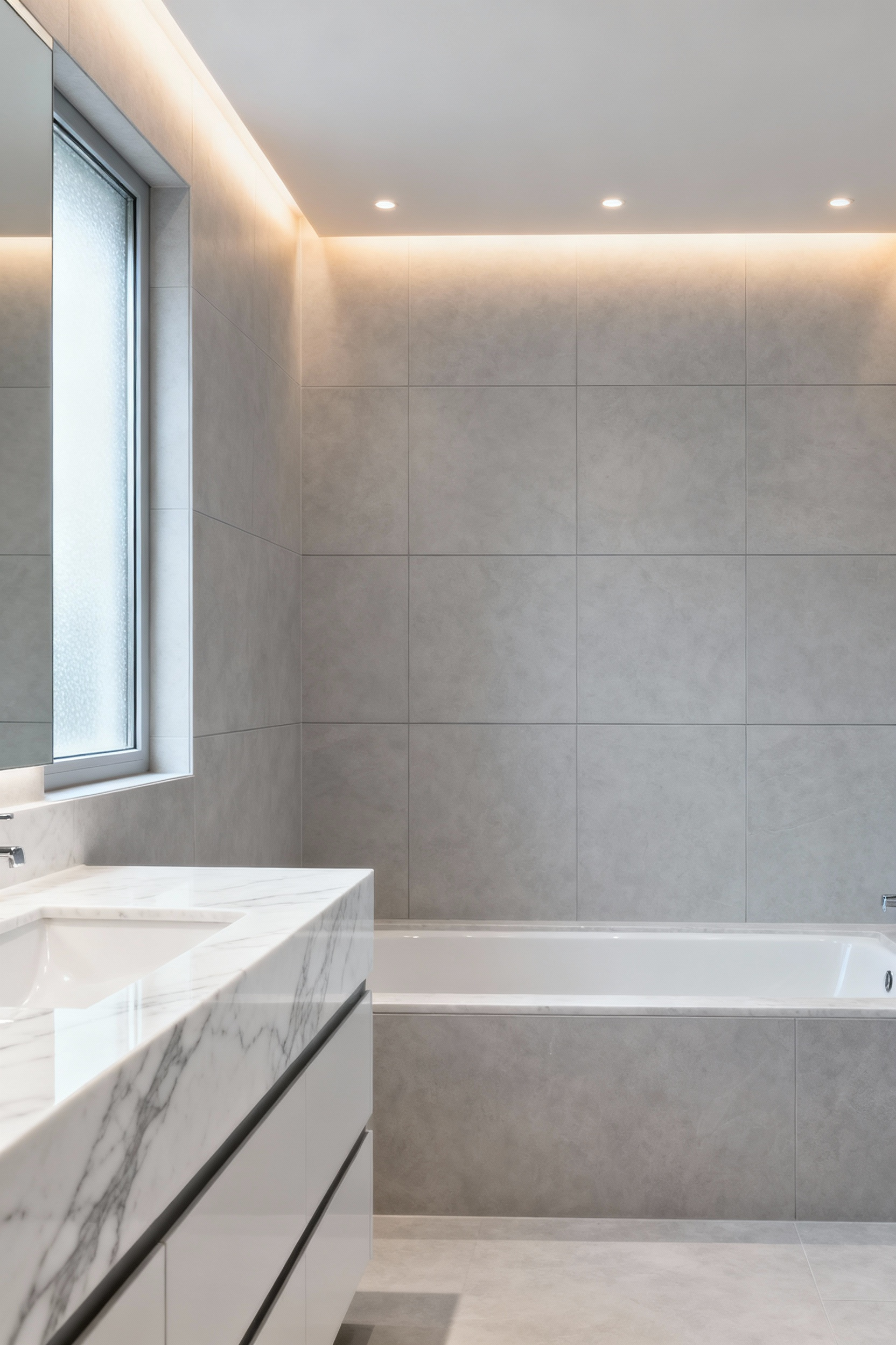 Luxurious bathroom featuring quartz countertop and large-format porcelain tiles, exemplifying smart material substitution for significant cost savings.