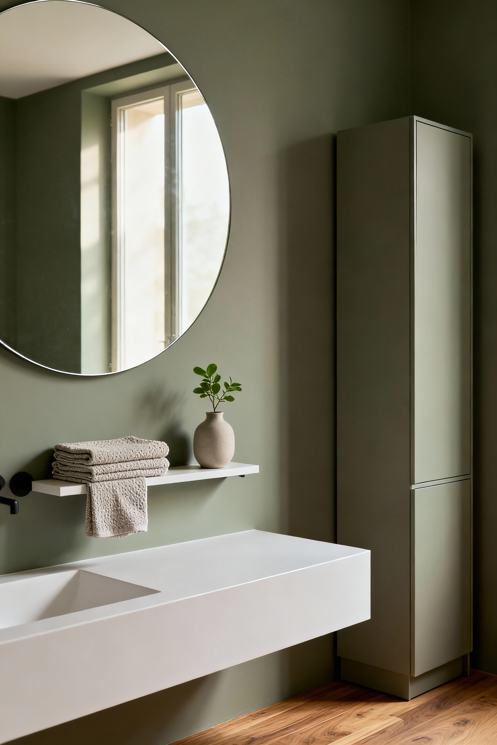A tranquil and spacious modern bathroom featuring a large circular mirror, minimalist shelving with textured towels, and a discreet storage unit, all contributing to a seamless visual flow. An example of purposeful accessory integration in a budget bathroom remodel.