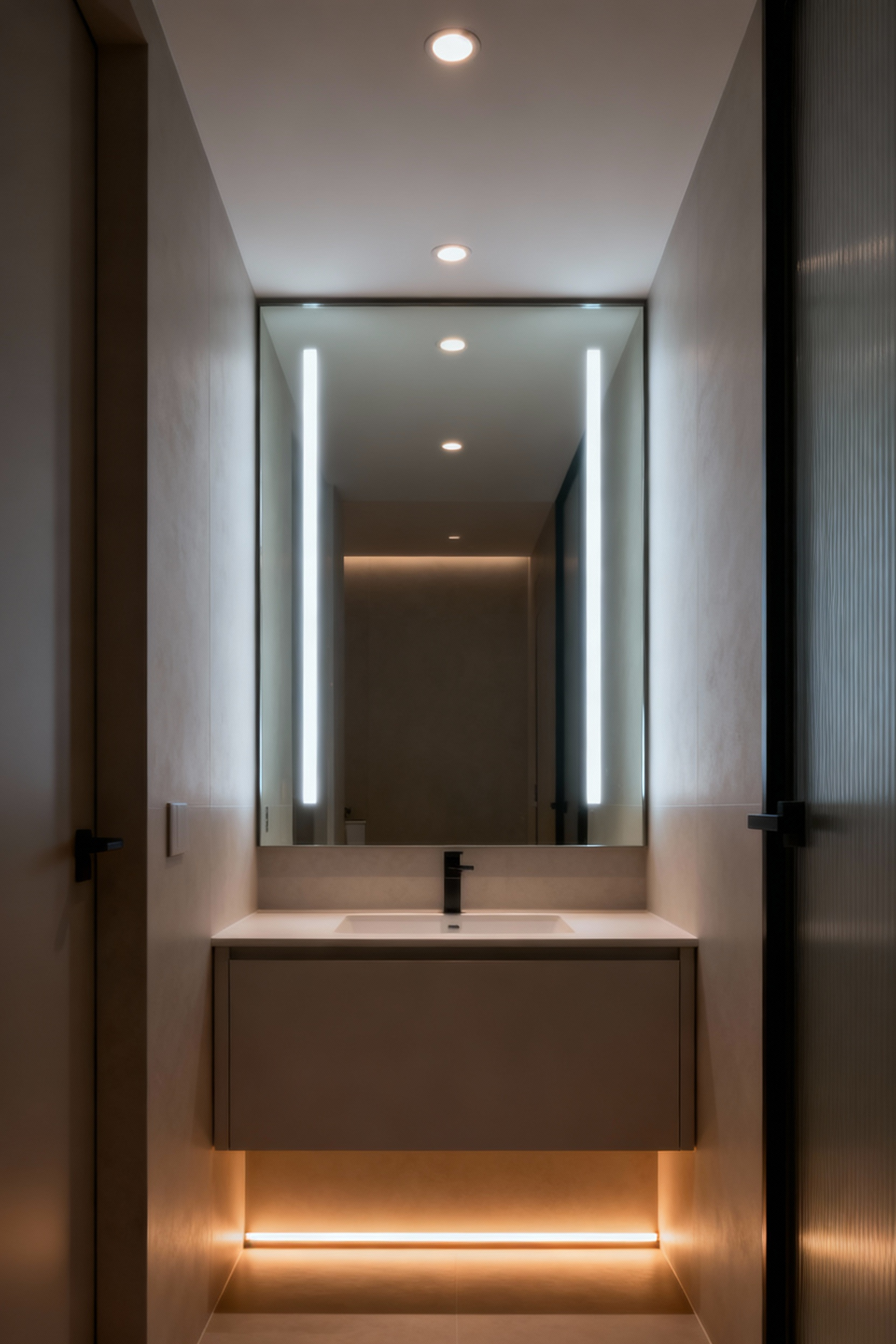 Modern compact bathroom featuring layered LED lighting, including recessed lights, vanity mirror lights, and under-vanity strip lighting, designed to visually expand the space and enhance its luxurious feel.