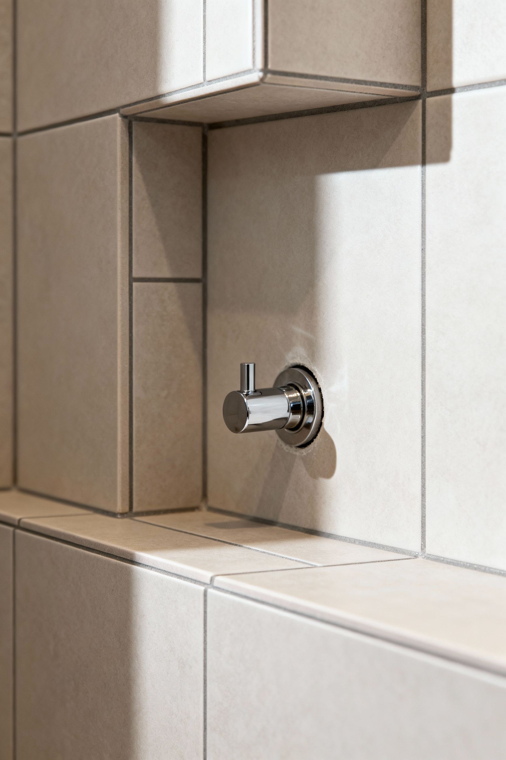 Close-up of a meticulously installed tiled shower niche with perfect grout lines and a precisely integrated water valve, illustrating expert craftsmanship in a bathroom remodel.