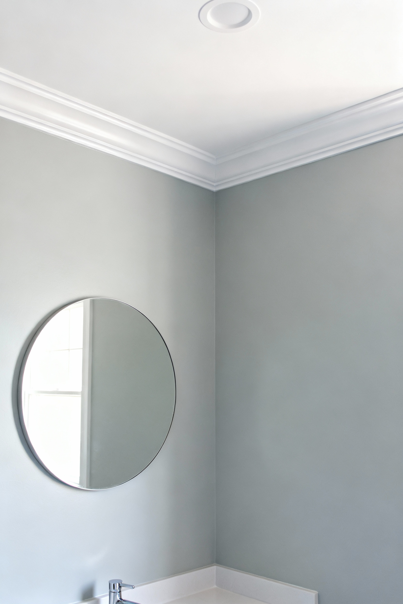 A serene bathroom corner featuring walls painted in 'Repose Gray' and 'Simply White' trim, demonstrating an elevated ambiance through high-impact paint choices. The clean design highlights a sophisticated budget bathroom paint transformation.