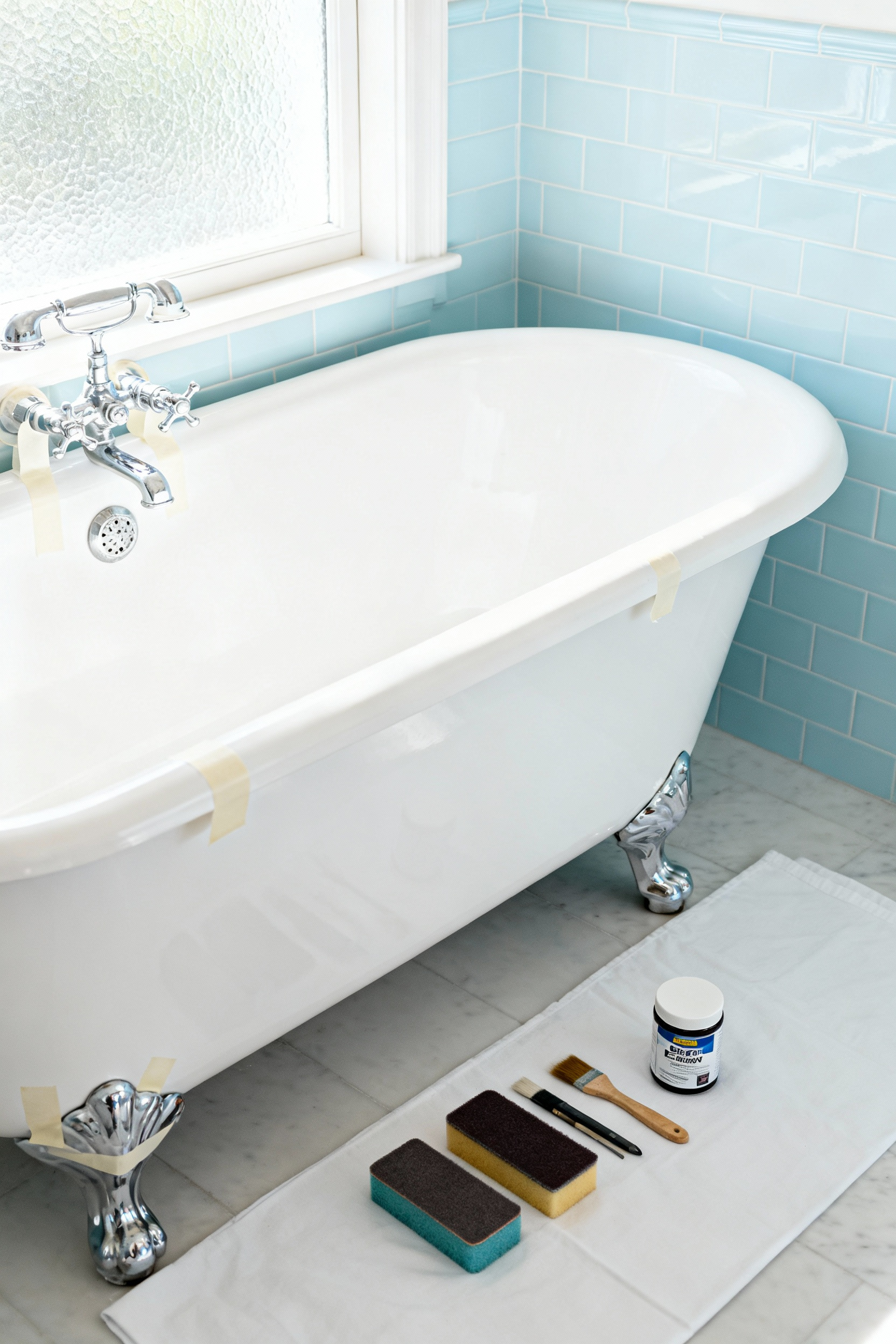 Close-up of a vintage cast iron tub being prepared for DIY restoration, with sanding blocks and protective tape, demonstrating cost-effective bathroom updates.
