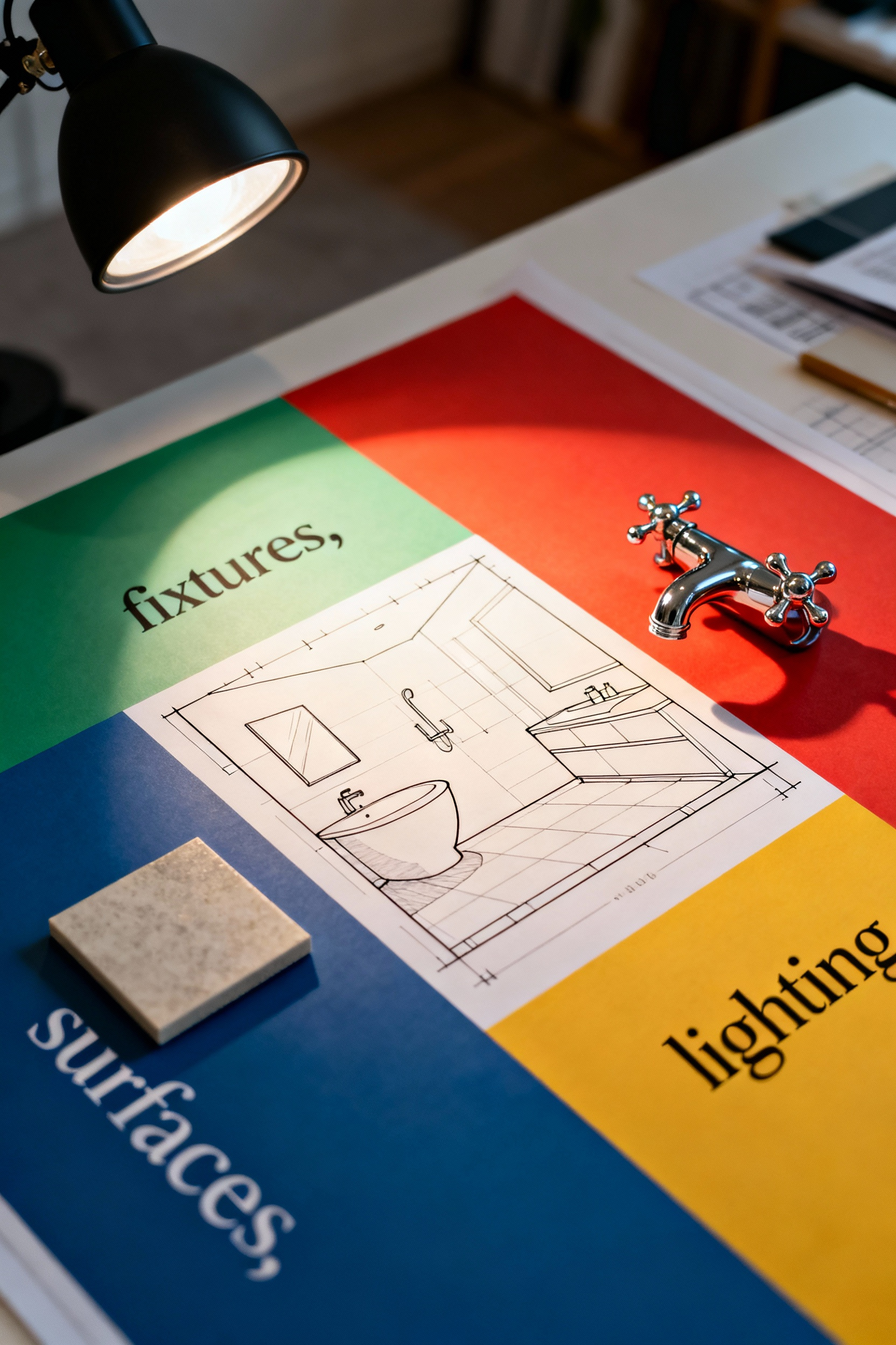 Overhead view of a modern bathroom design blueprint with color-coded sections representing budget allocation for various renovation elements like fixtures and surfaces, accompanied by elegant material samples, conveying thoughtful financial planning for a home remodel.