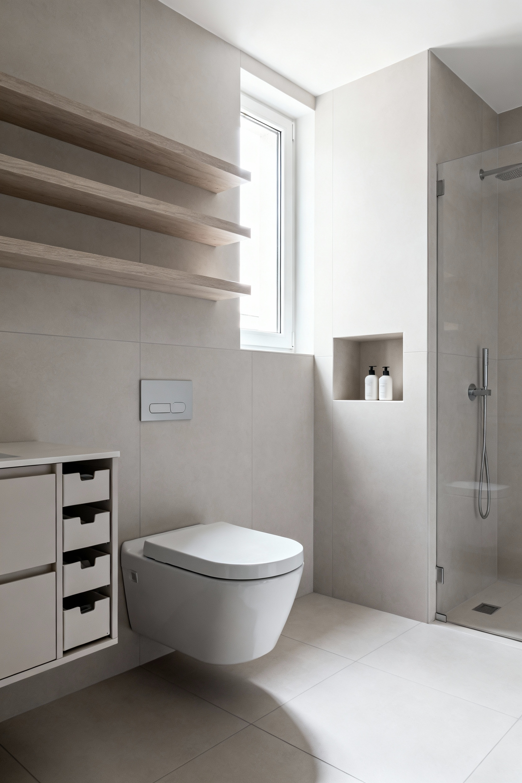 Modern budget bathroom with integrated floating shelves, recessed shower niche, and vanity storage, showcasing thoughtful decluttering and enhanced utility.