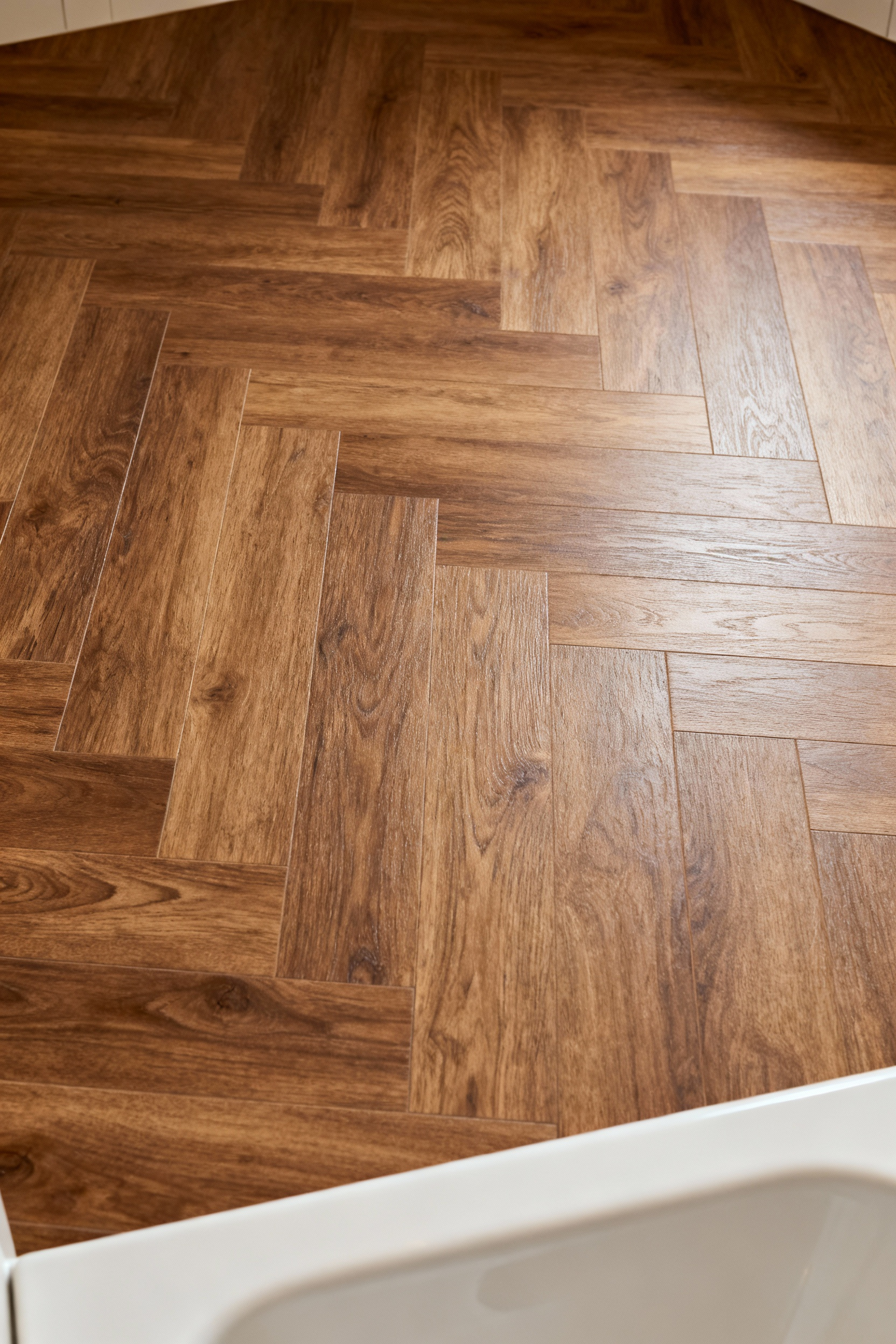 A modern bathroom featuring light oak wood-look Luxury Vinyl Plank (LVP) flooring, emphasizing its durability and economical style. The floor is clean and well-lit by natural light.