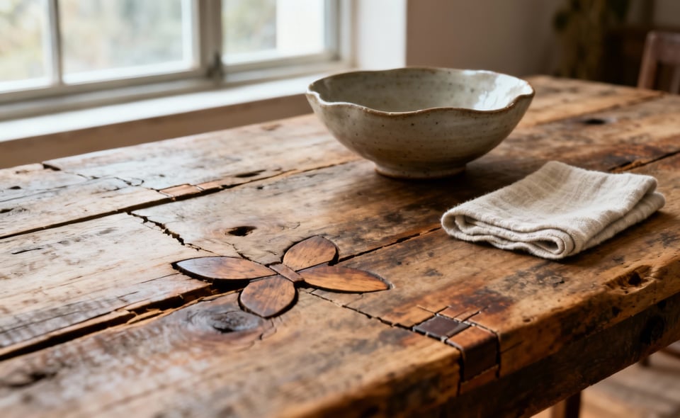 A rustic dining table featuring Wabi-Sabi design with aged, reclaimed wood, natural fissures, and butterfly joints. Handmade ceramics and linen add to the imperfect aesthetic.