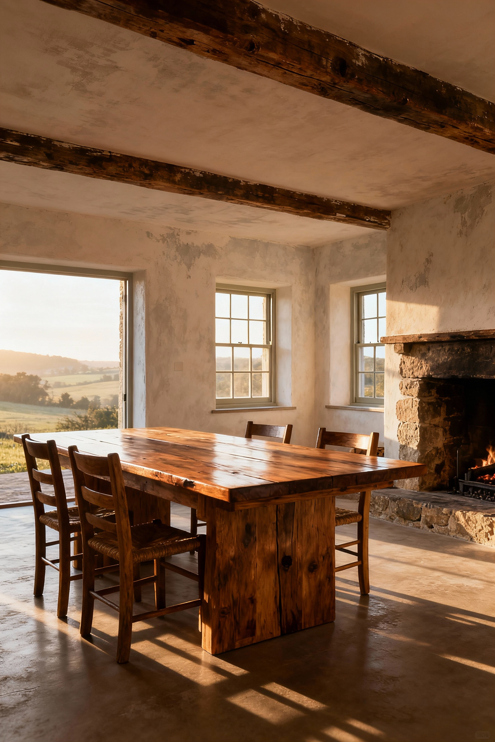 Rustic dining room with ample natural light from unadorned casement windows, a large wooden table, and light-toned walls.