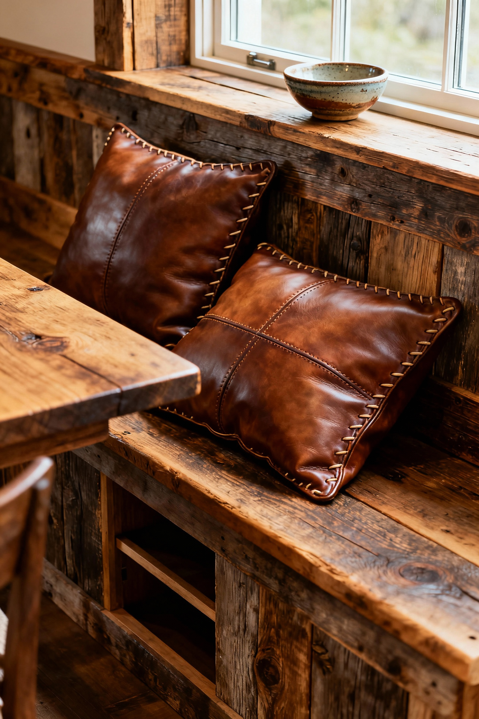 Rustic dining room with a custom-built reclaimed wood window seat and integrated storage, showcasing traditional craftsmanship and natural lighting.
