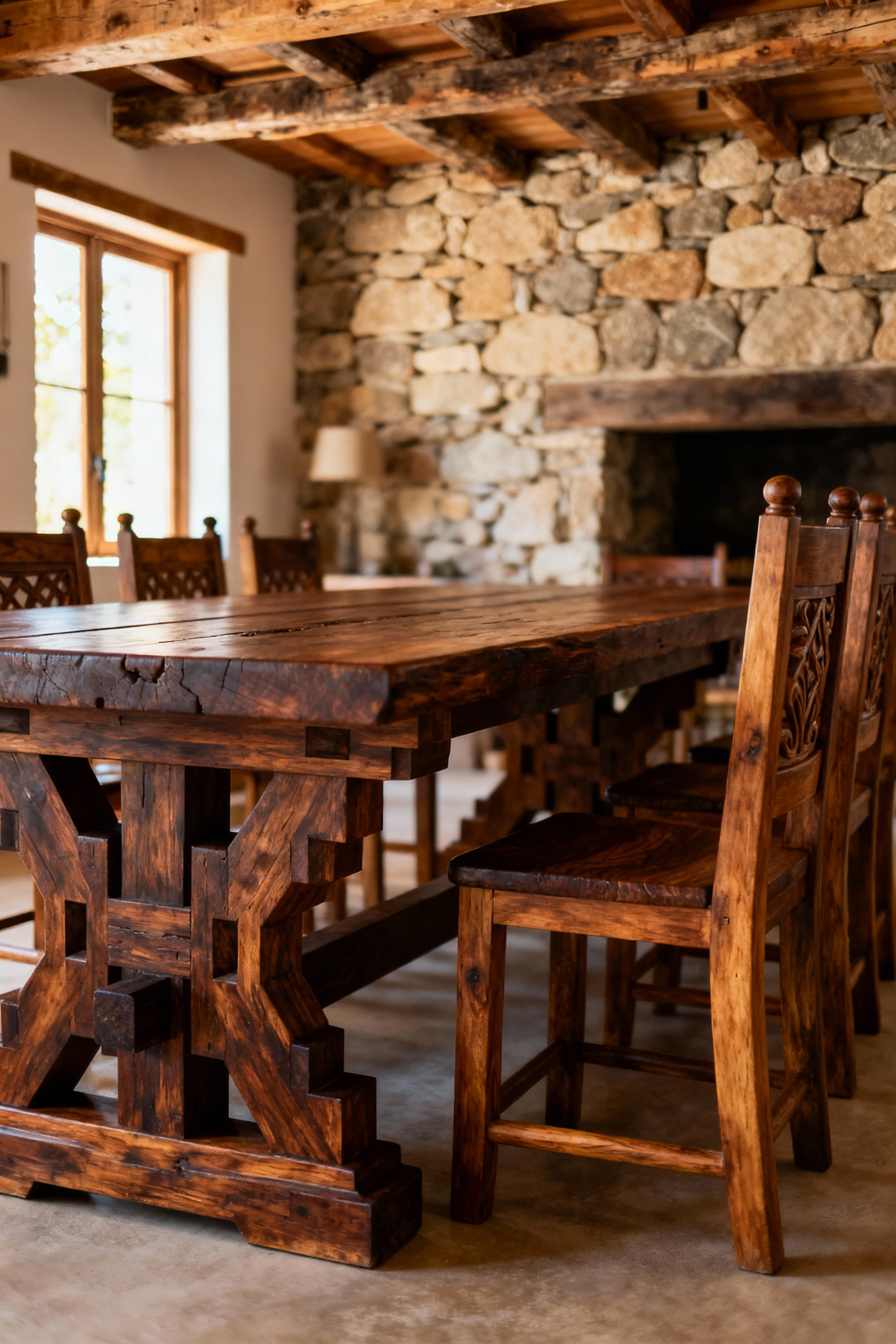 A handcrafted rustic dining table and chairs made from indigenous timber with visible traditional joinery, set in a dining room with stone walls and exposed beams.