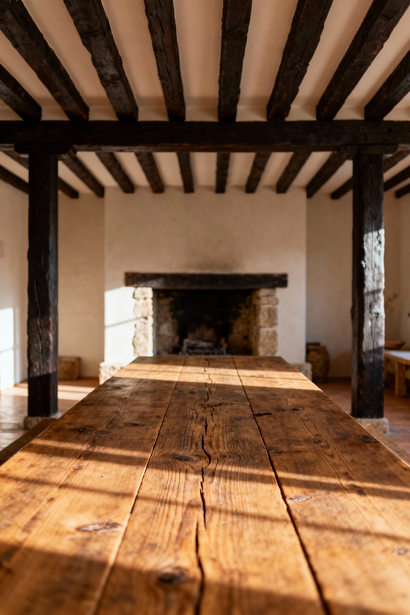Rustic dining room interior with a long reclaimed wood table, exposed timber beams, and stone hearth, showcasing form and function in agrarian aesthetics.