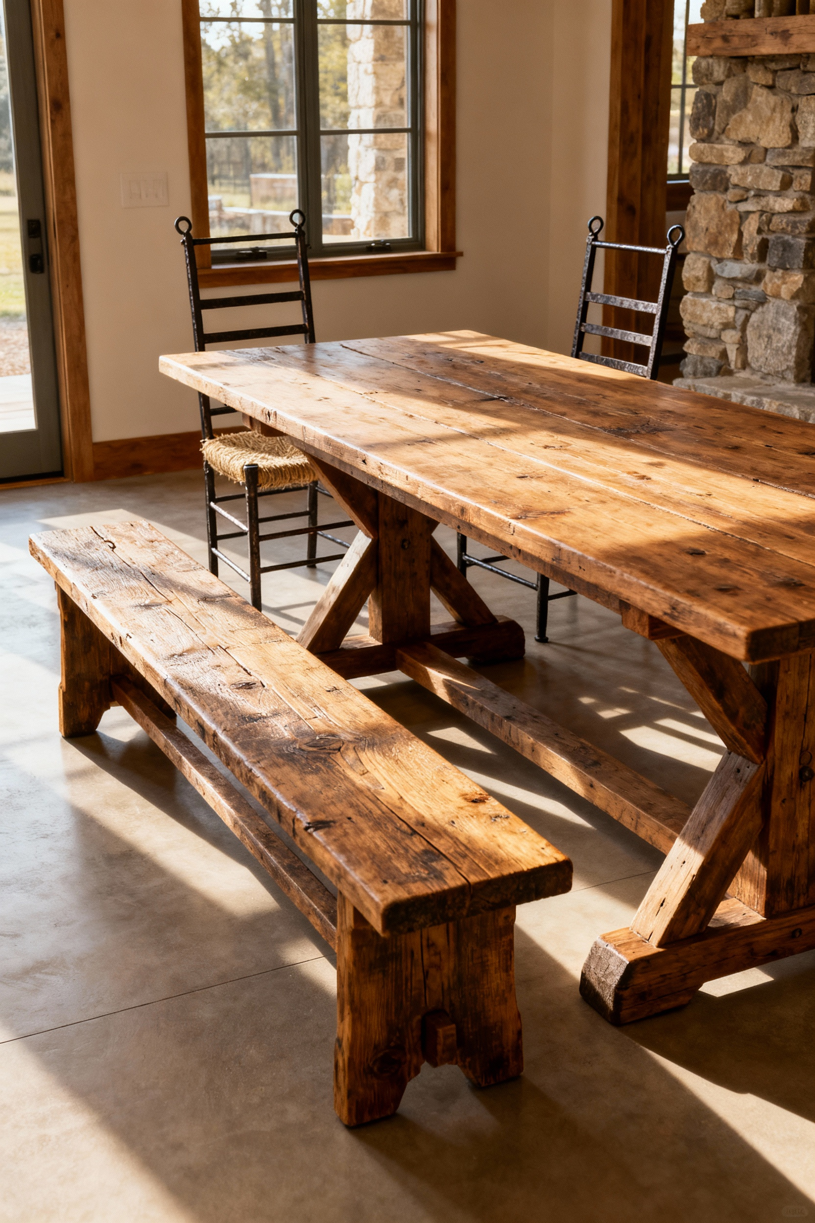 Rustic dining room featuring a long reclaimed barnwood farmhouse bench positioned perpendicular to a sturdy wooden trestle dining table, with two individual hand-wrought iron farmhouse chairs at the table's end, defining a clear dining zone in an open-plan space with soft natural light.