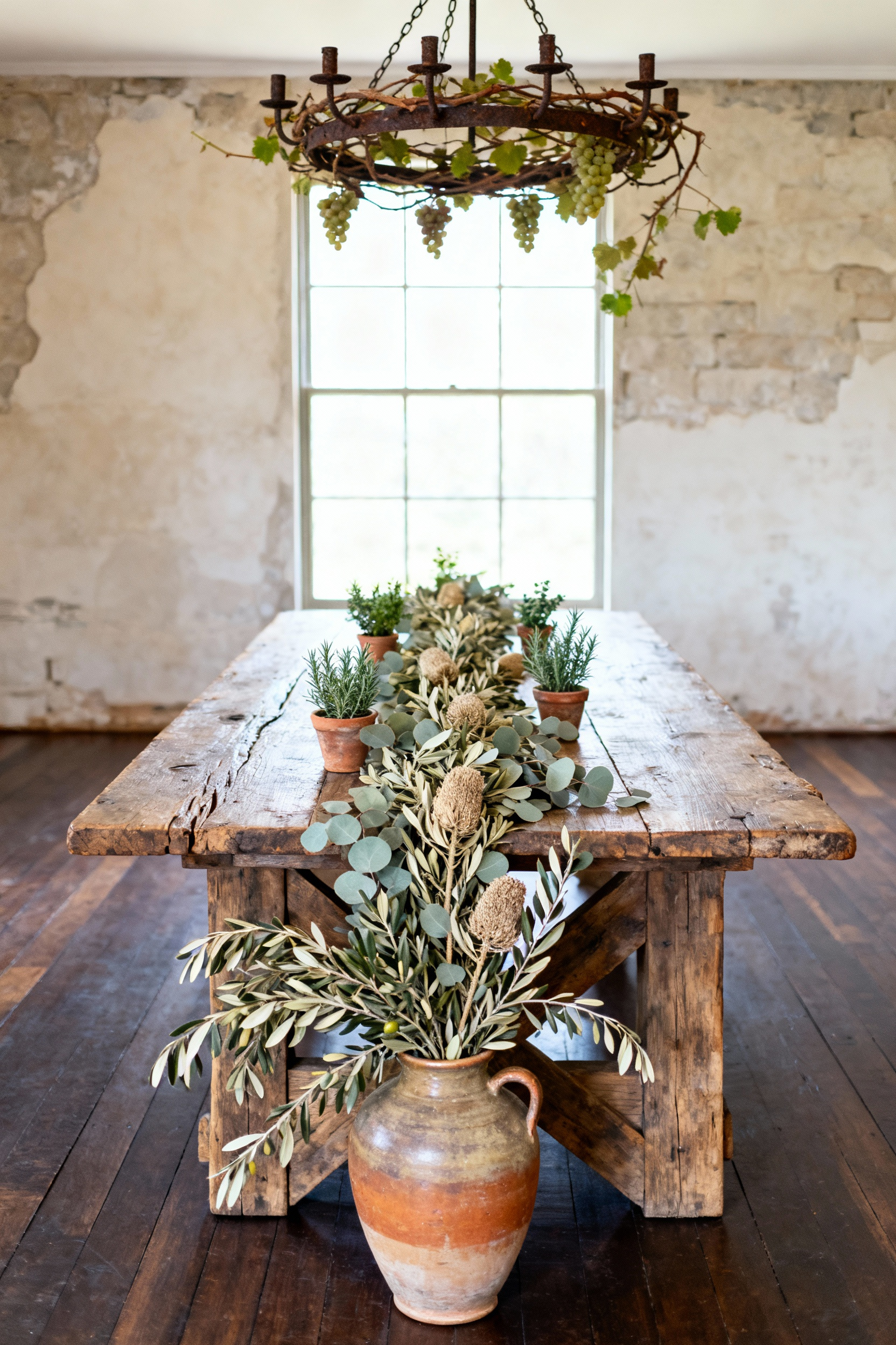 Rustic dining room with a reclaimed timber table centerpiece featuring a garland of dried olive branches, eucalyptus, and seed pods in an artisanal ceramic vessel, accented with small potted herbs and a forged iron chandelier with intertwined grapevine.