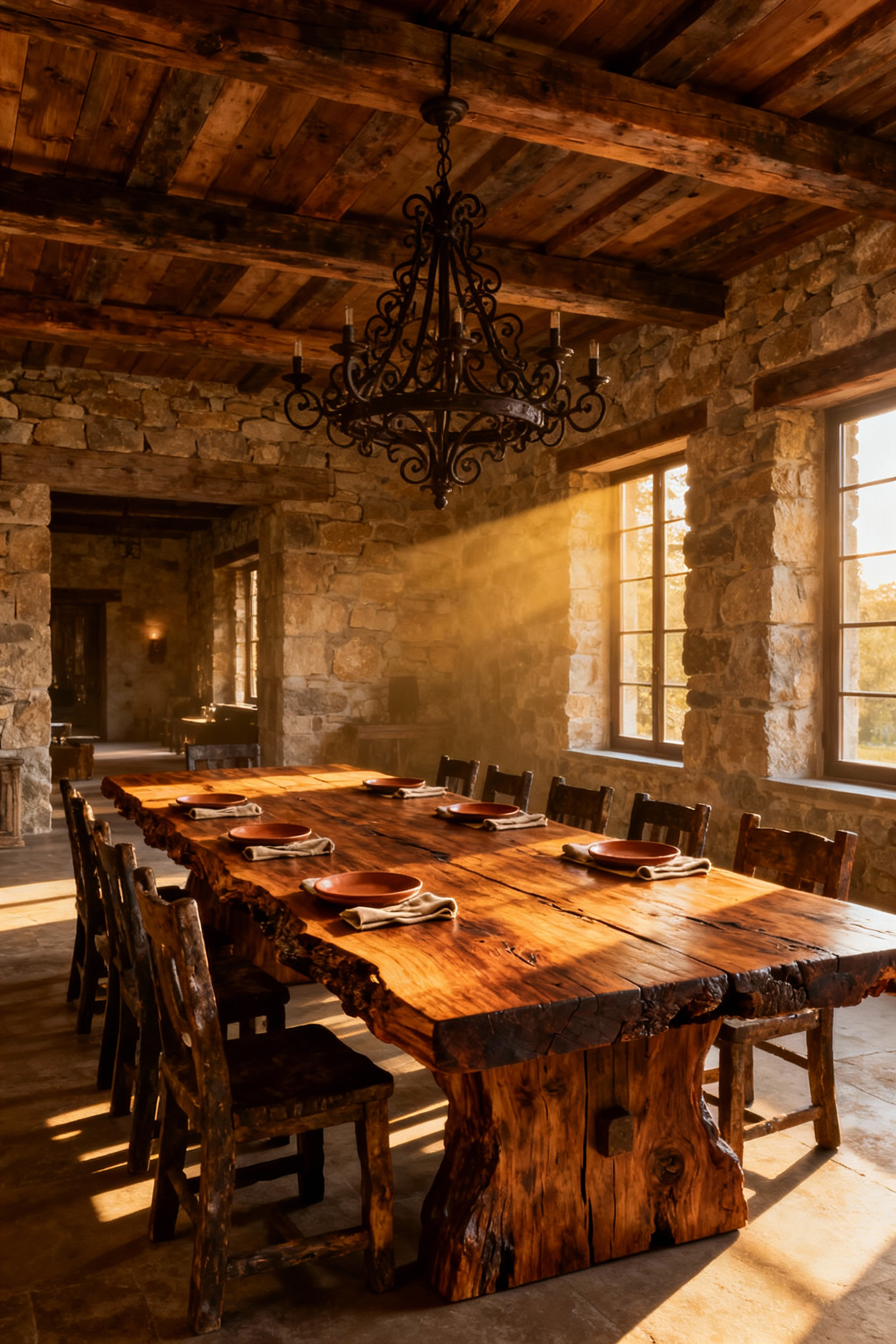 A majestic oversized live-edge rustic dining table made from reclaimed wood, standing as the central focal point in a grand rustic dining room with stone walls, exposed beams, and a wrought-iron chandelier, emphasizing proportional grandeur and scale.